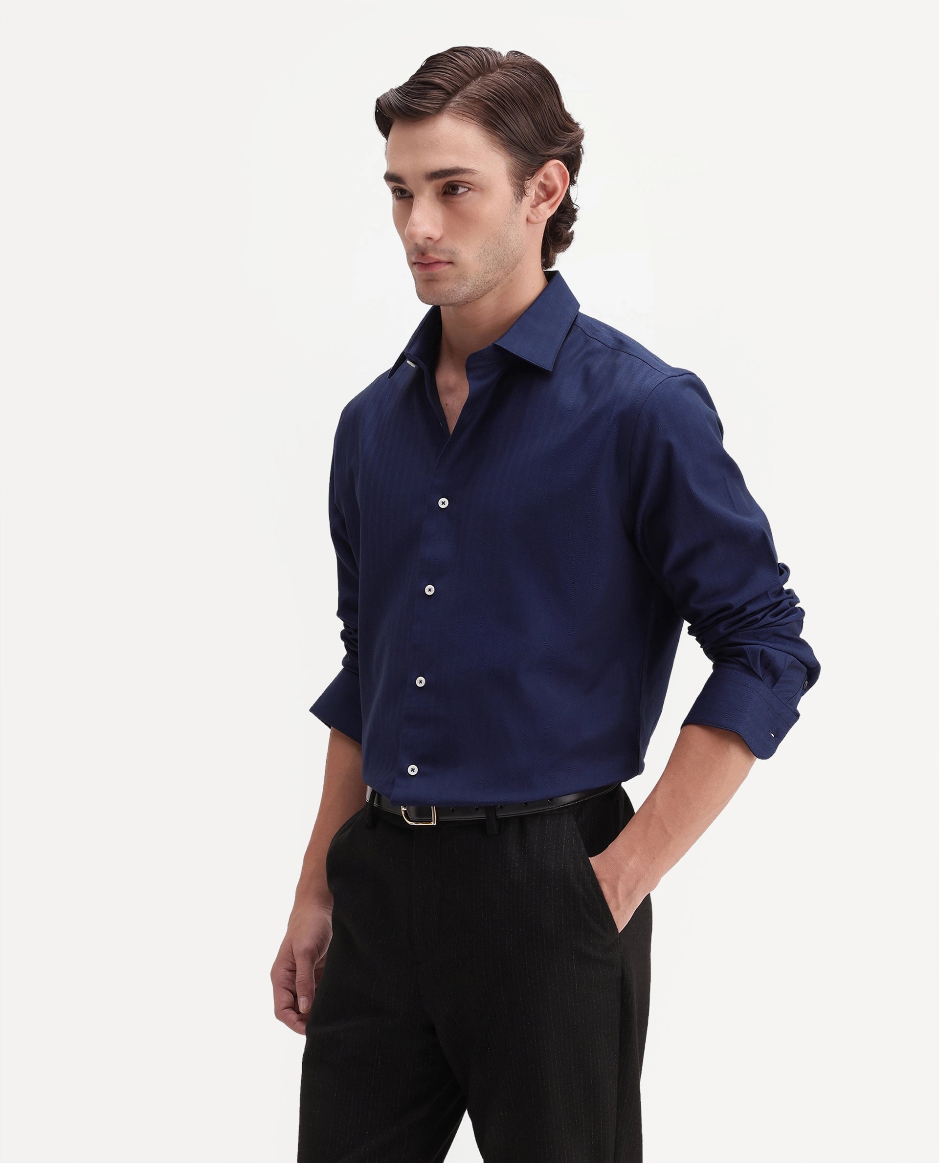 Rare Rabbit Men's Farga Primary Navy Cotton Spread Collar Regular Plain Shirt
