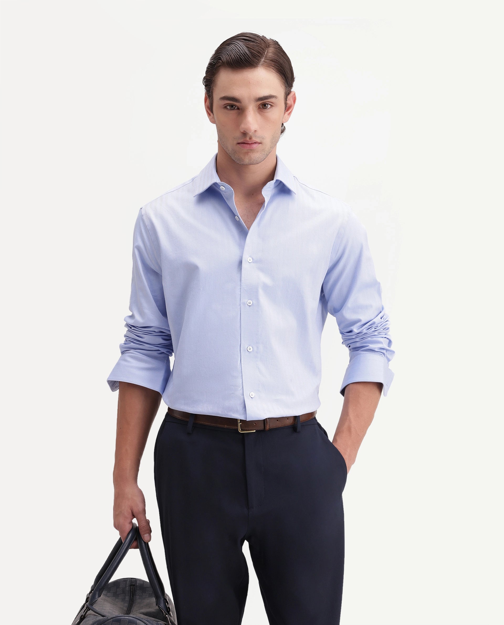 Rare Rabbit Men's Farga Primary Blue Cotton Spread Collar Regular Plain Shirt