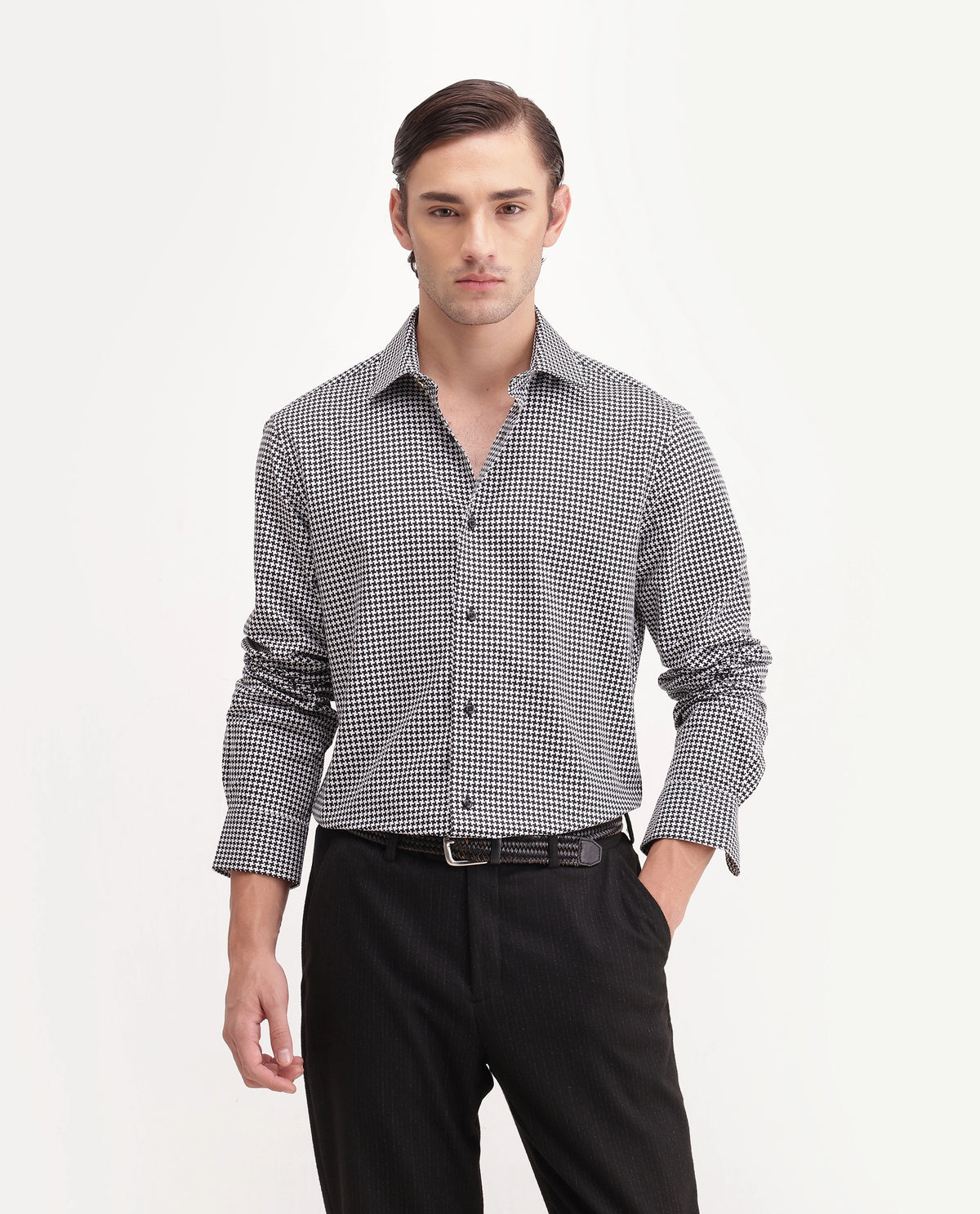 Rare Rabbit Men's Jader-Aw26 Primary Black Cotton Spread Collar Regular Jacquard Print Shirt