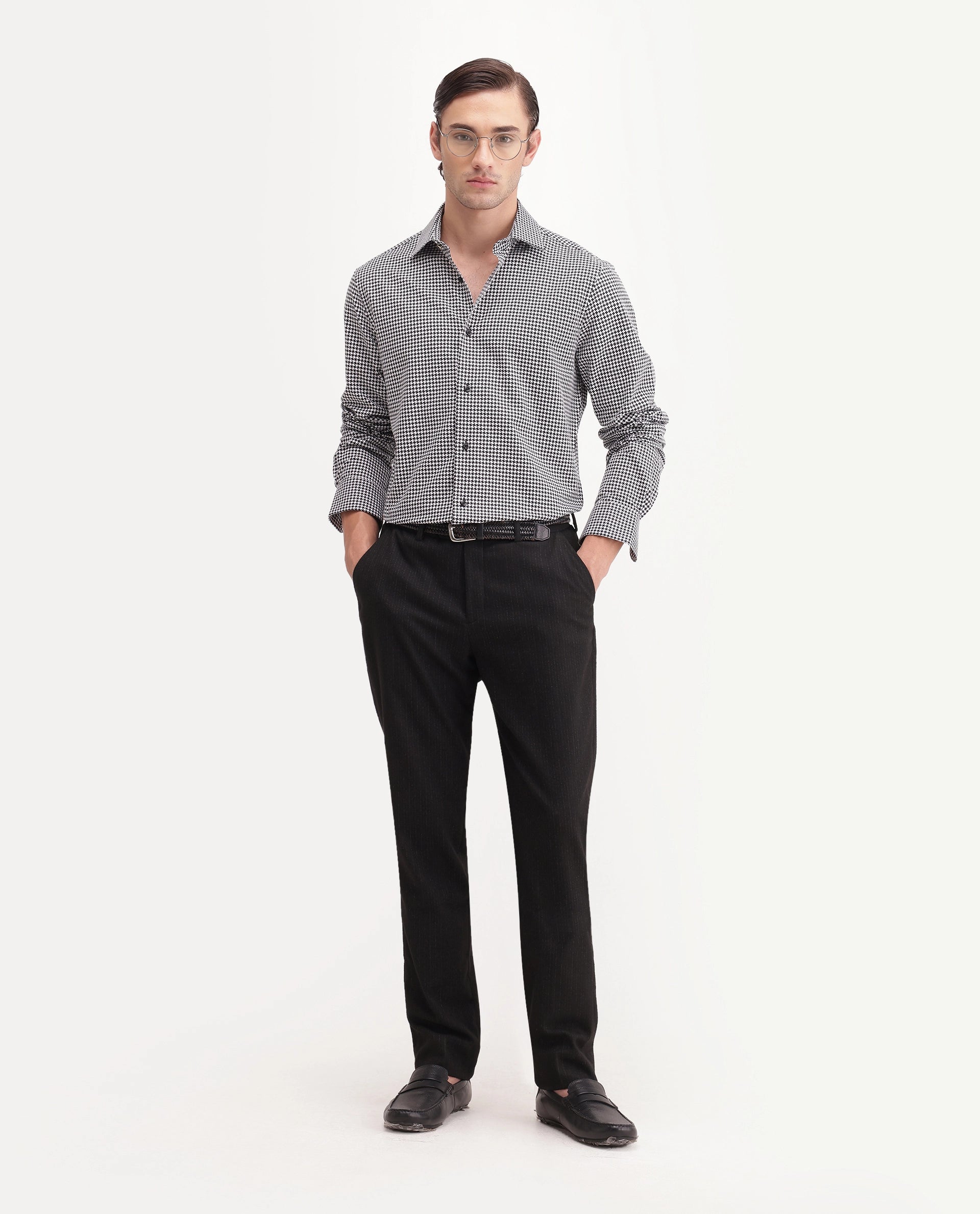 Rare Rabbit Men's Jader-Aw26 Primary Black Cotton Spread Collar Regular Jacquard Print Shirt