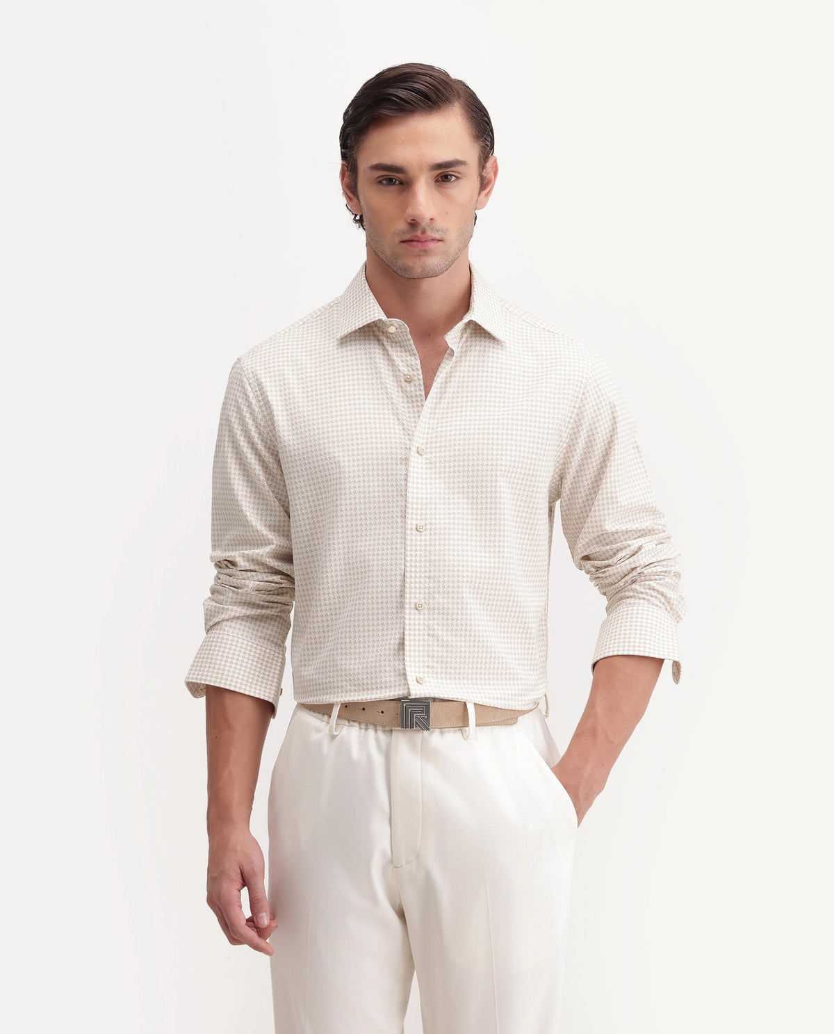 Rare Rabbit Men's Jader-Aw26 Primary Beige Cotton Spread Collar Regular Jacquard Print Shirt