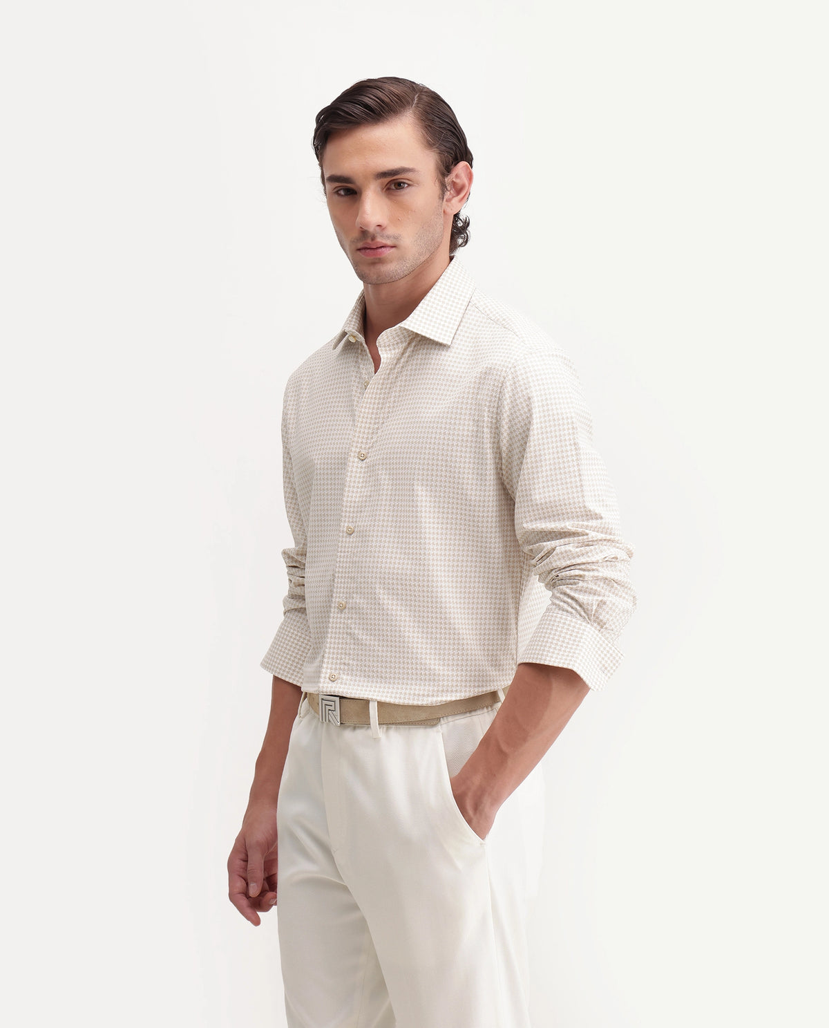 Rare Rabbit Men's Jader-Aw26 Primary Beige Cotton Spread Collar Regular Jacquard Print Shirt