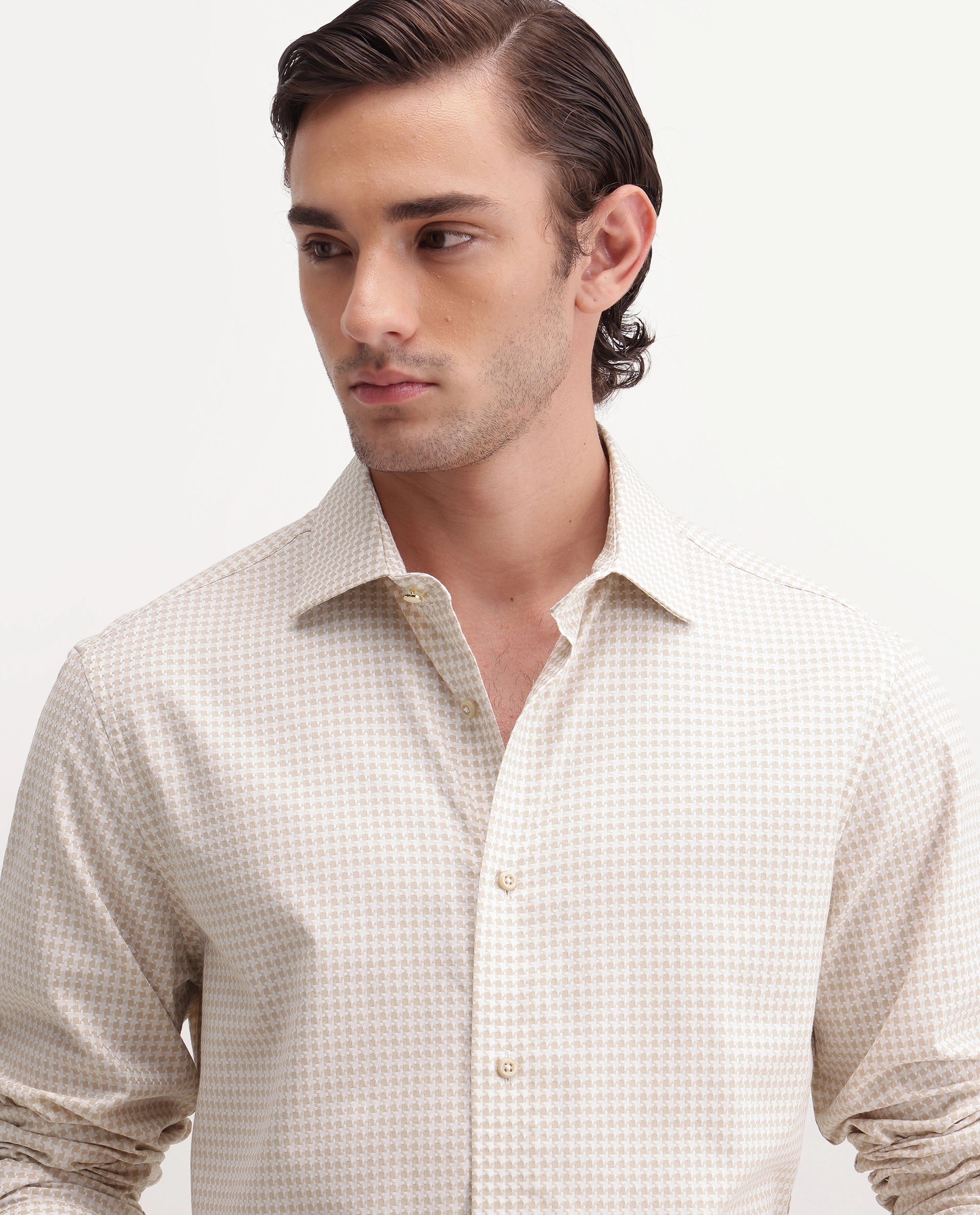 Rare Rabbit Men's Jader-Aw26 Primary Beige Cotton Spread Collar Regular Jacquard Print Shirt