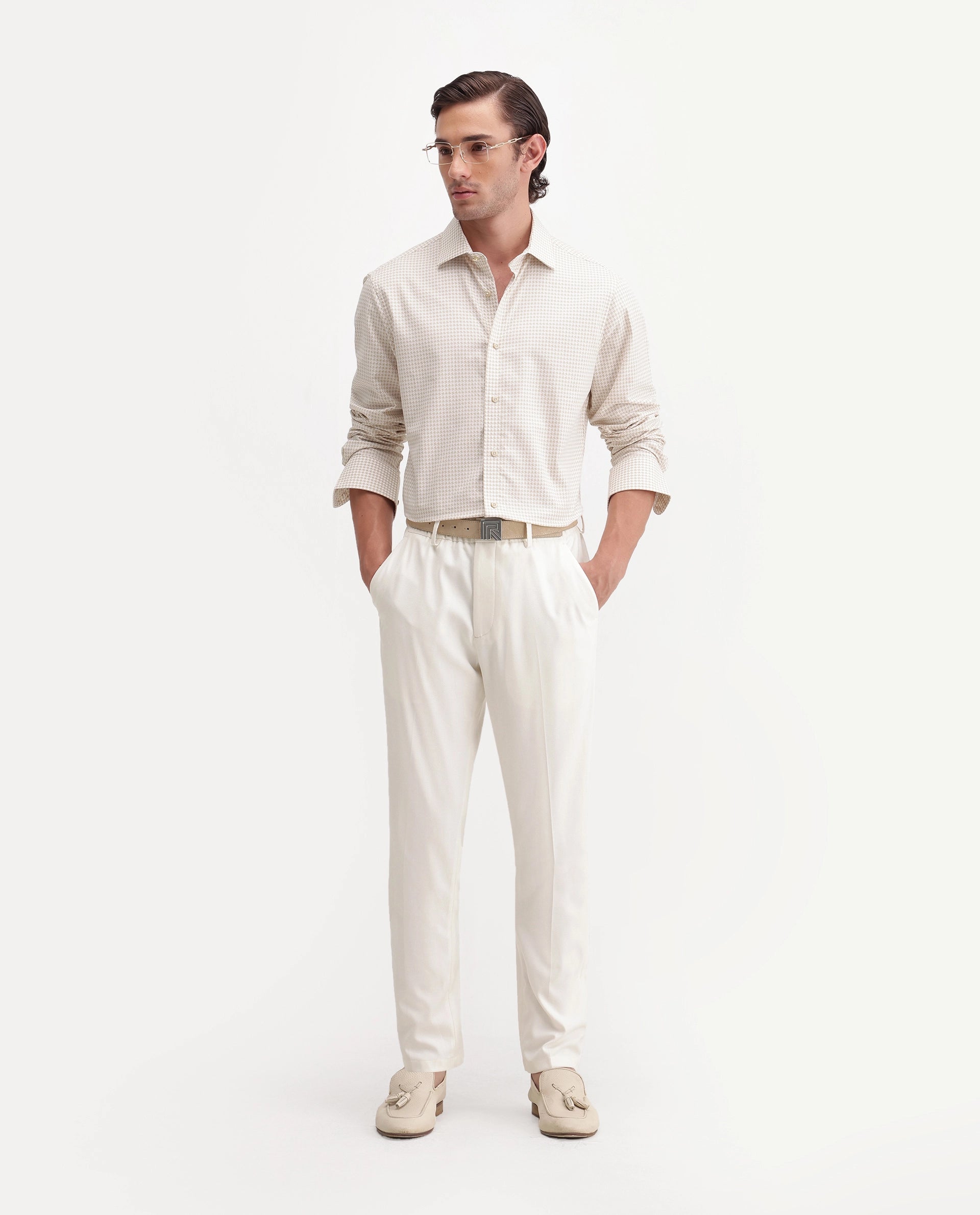 Rare Rabbit Men's Jader-Aw26 Primary Beige Cotton Spread Collar Regular Jacquard Print Shirt