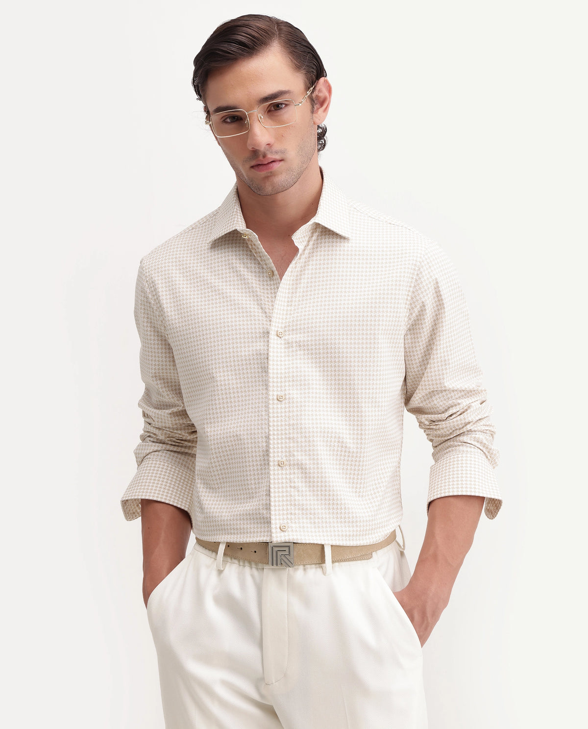 Rare Rabbit Men's Jader-Aw26 Primary Beige Cotton Spread Collar Regular Jacquard Print Shirt