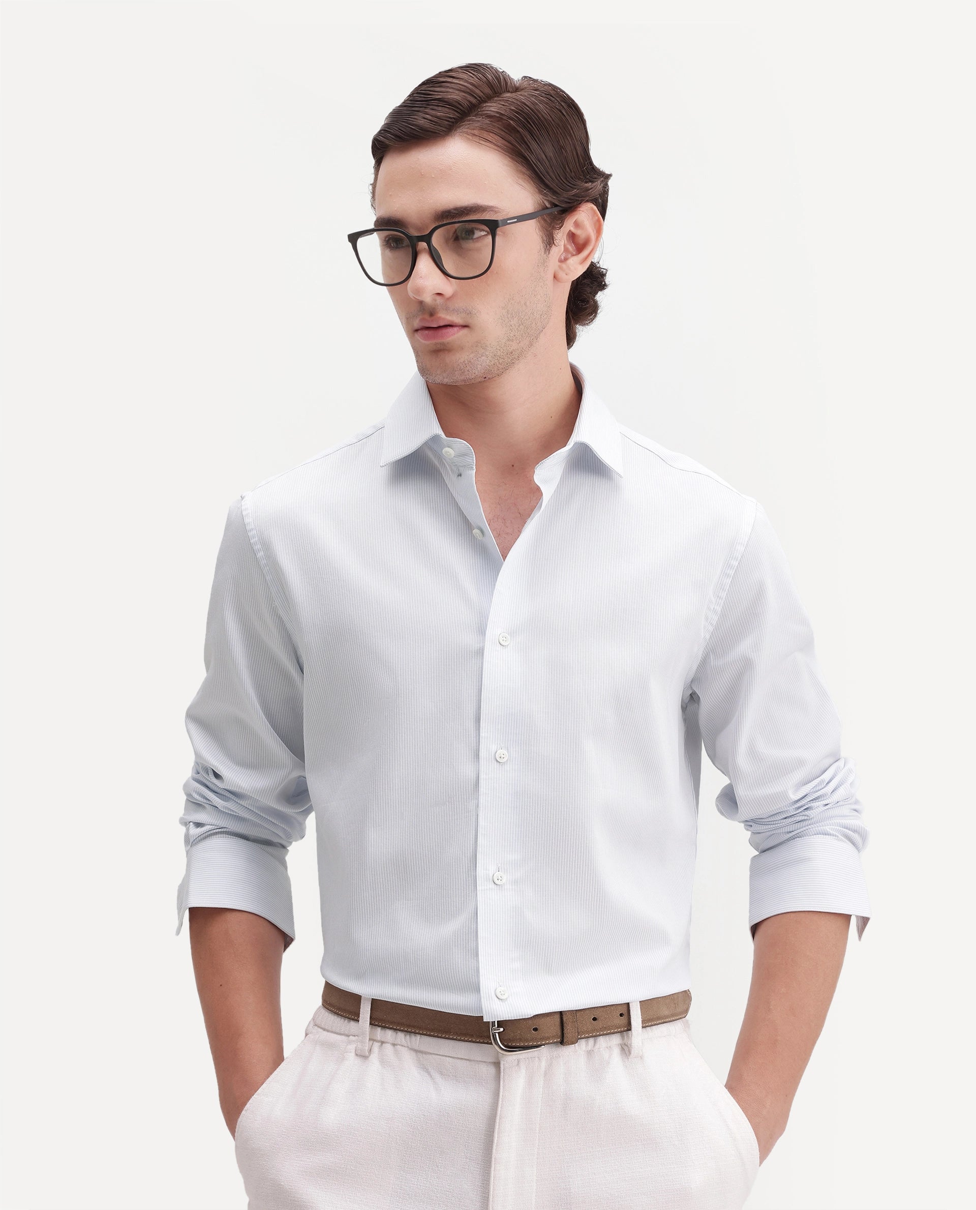 Rare Rabbit Men's Latter-Aw26 Primary Blue Cotton Spread Collar Regular Striped Shirt