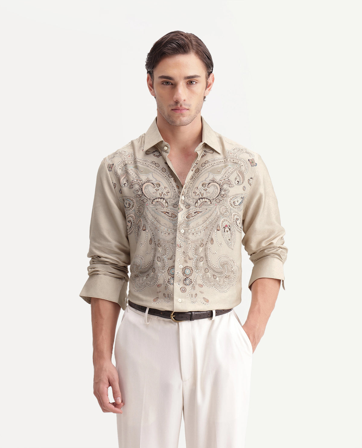 Rare Rabbit Men's West Primary Off White Cotton Spread Collar Regular Paisley Print Shirt
