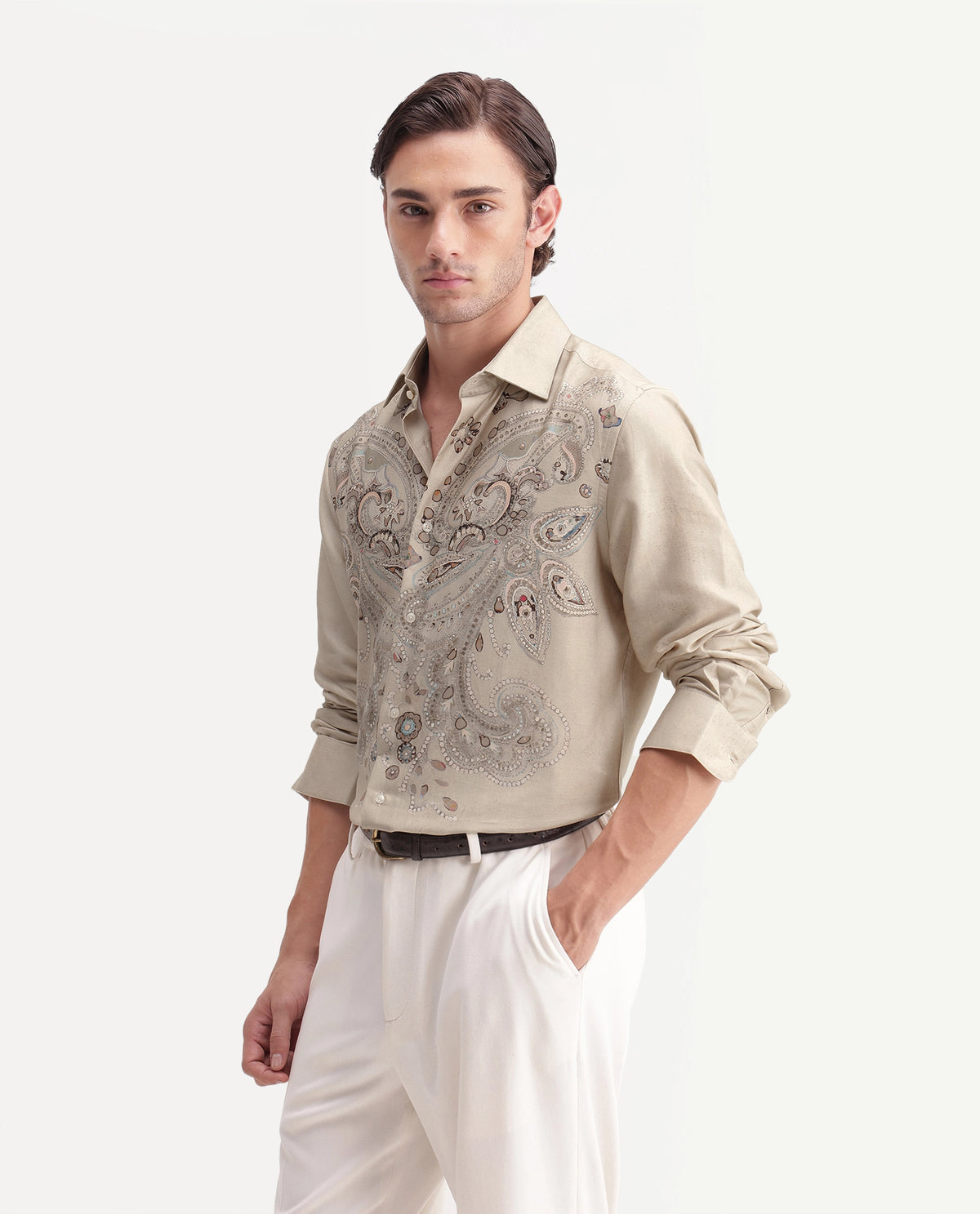 Rare Rabbit Men's West Primary Off White Cotton Spread Collar Regular Paisley Print Shirt