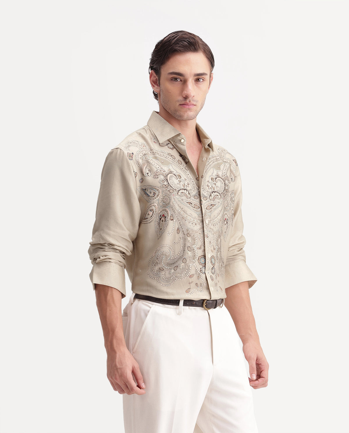 Rare Rabbit Men's West Primary Off White Cotton Spread Collar Regular Paisley Print Shirt