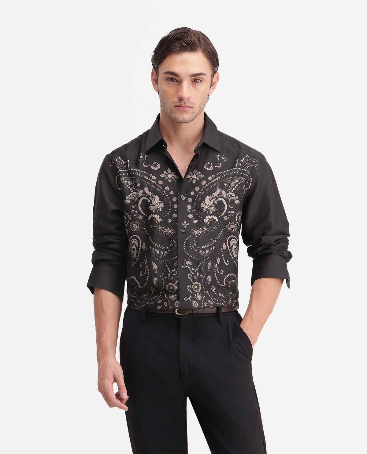 Rare Rabbit Men's West Primary Black Cotton Spread Collar Regular Paisley Print Shirt