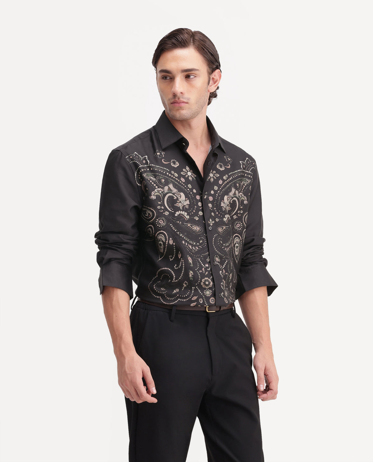 Rare Rabbit Men's West Primary Black Cotton Spread Collar Regular Paisley Print Shirt