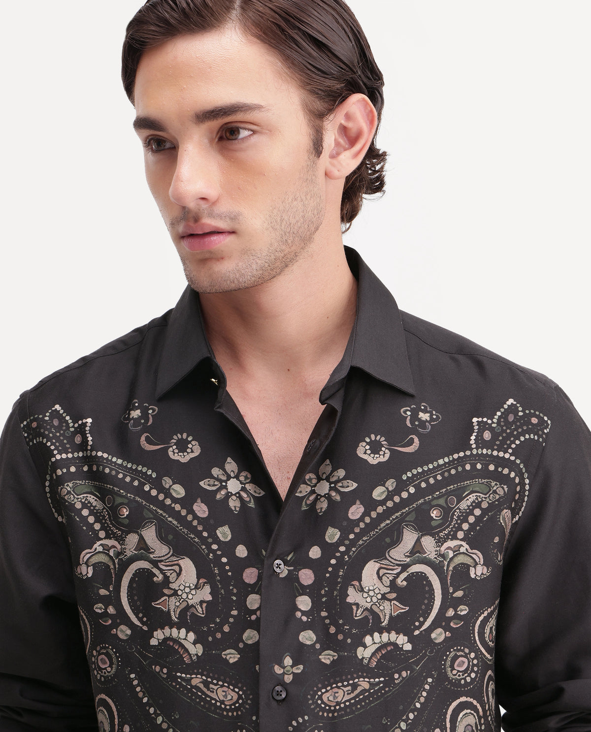 Rare Rabbit Men's West Primary Black Cotton Spread Collar Regular Paisley Print Shirt