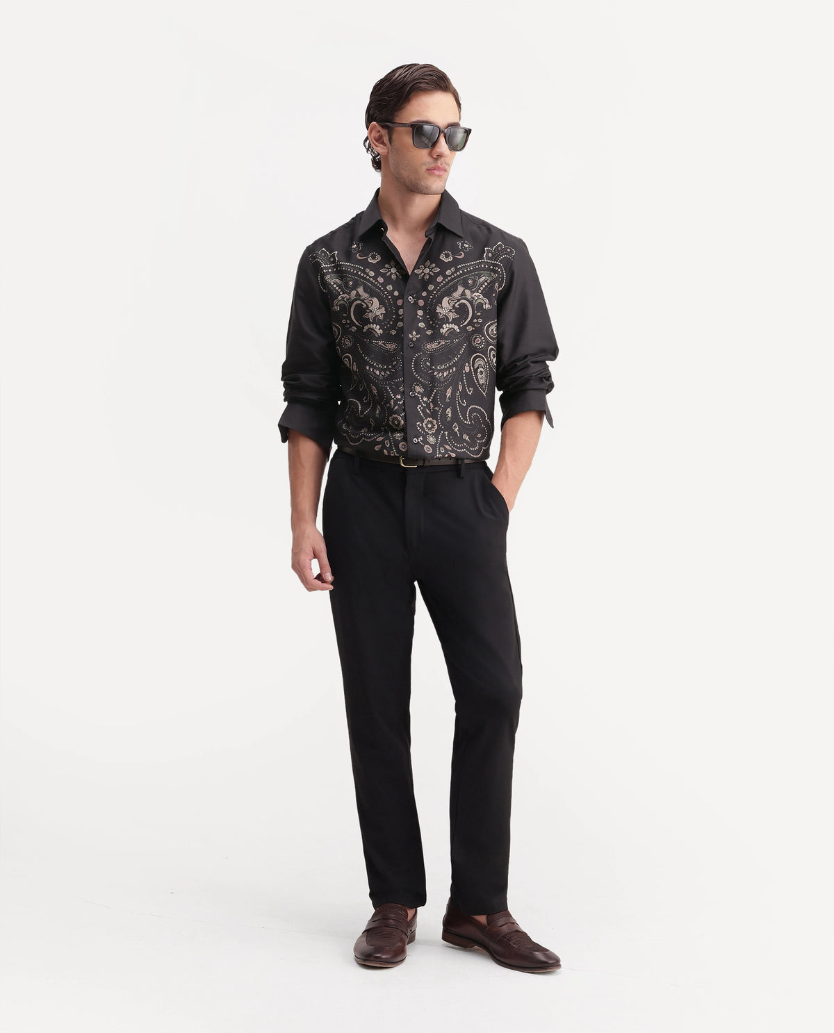 Rare Rabbit Men's West Primary Black Cotton Spread Collar Regular Paisley Print Shirt