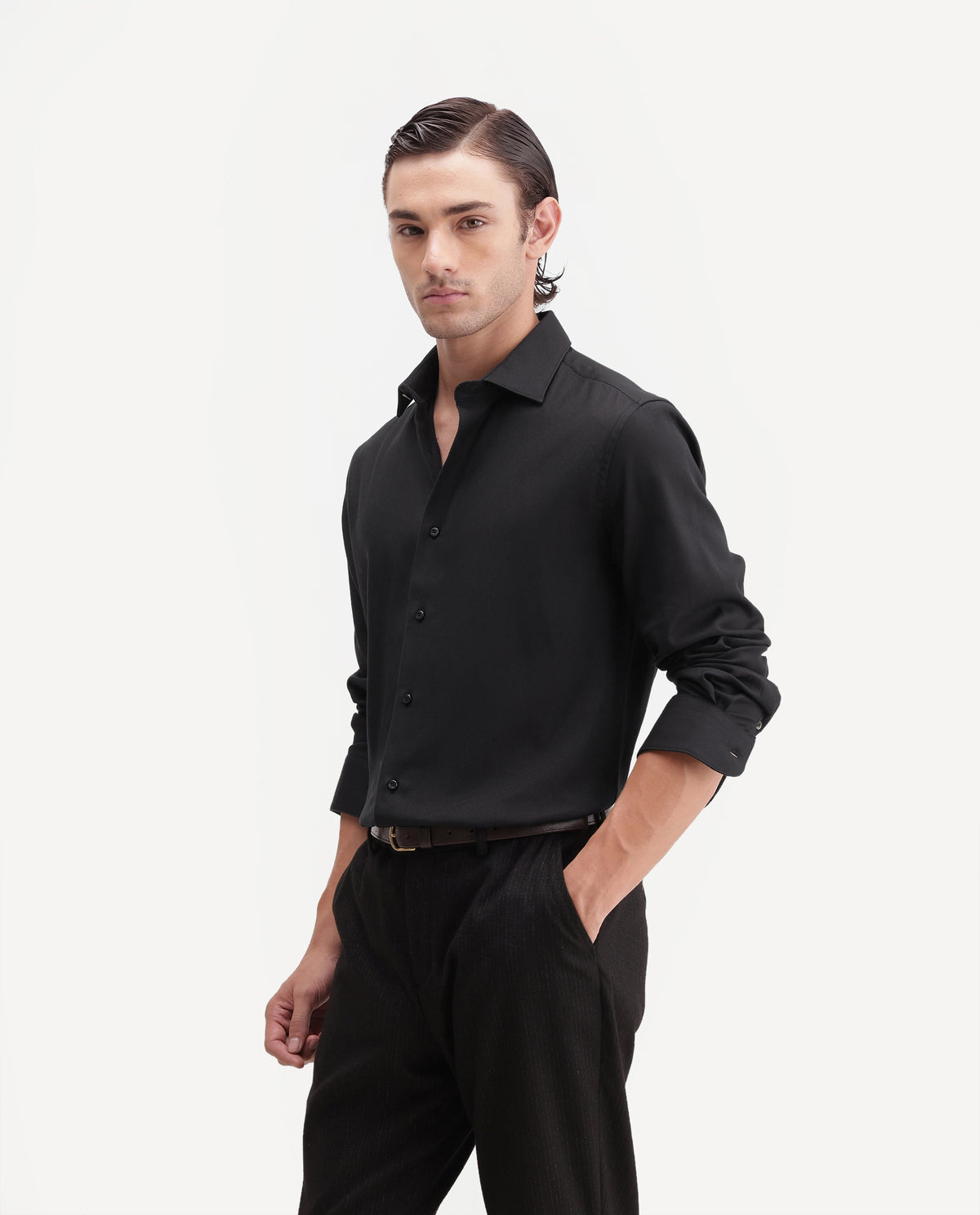 Rare Rabbit Men's Casa Primary Black Cotton Spread Collar Regular Plain Shirt