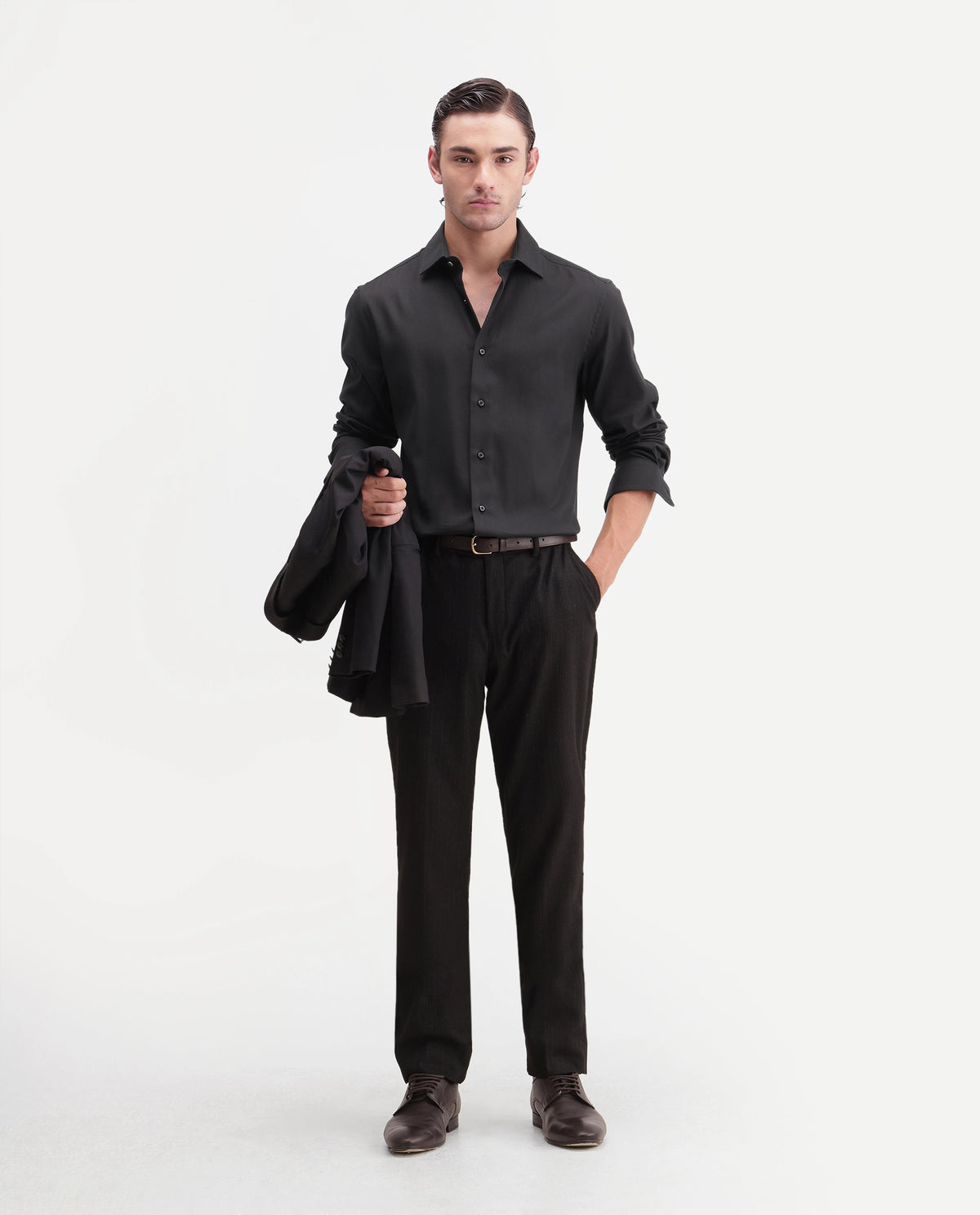 Rare Rabbit Men's Casa Primary Black Cotton Spread Collar Regular Plain Shirt