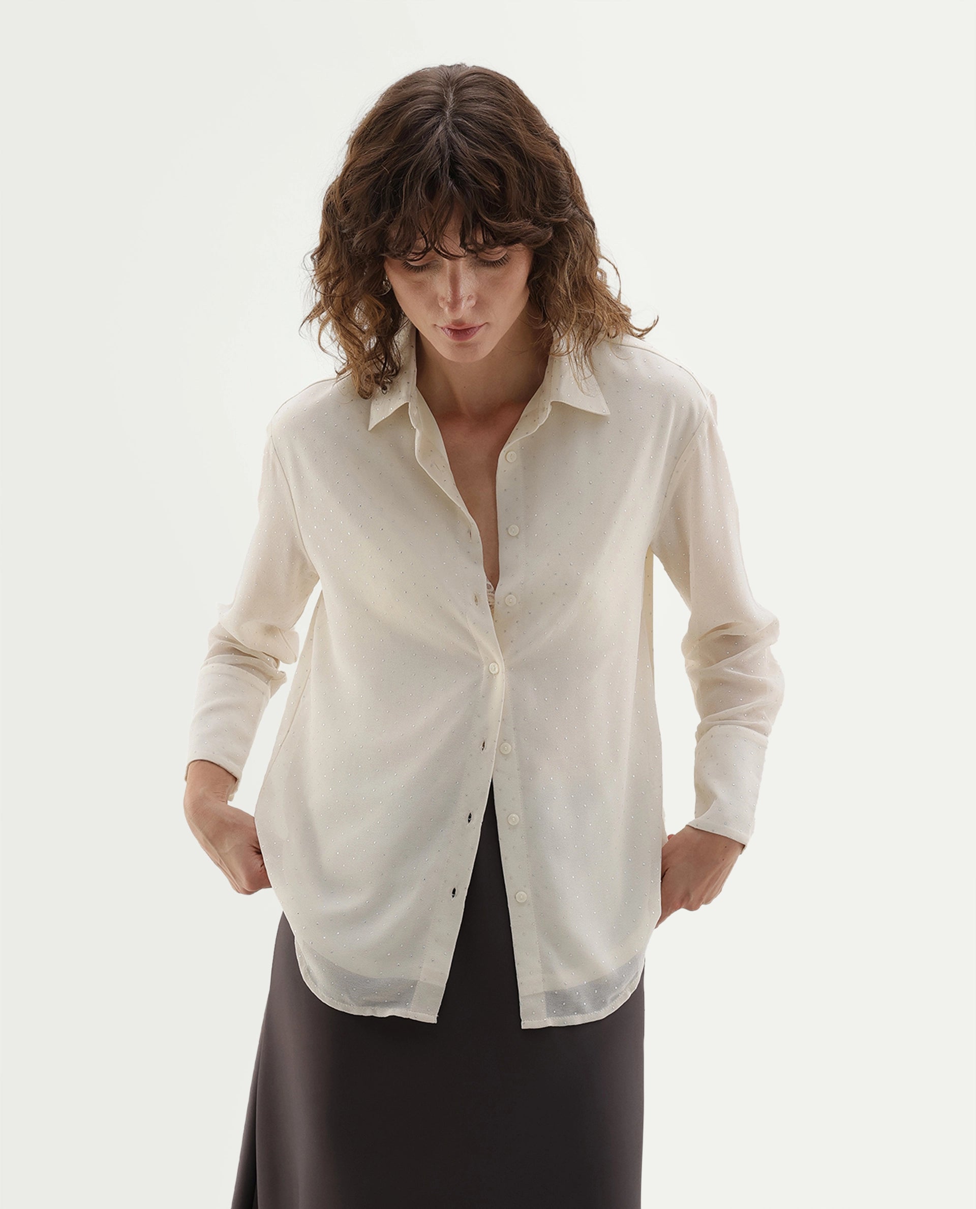 Rareism Women's Crotia Primary Beige Polyester Spread Collar Regular Plain Shirt