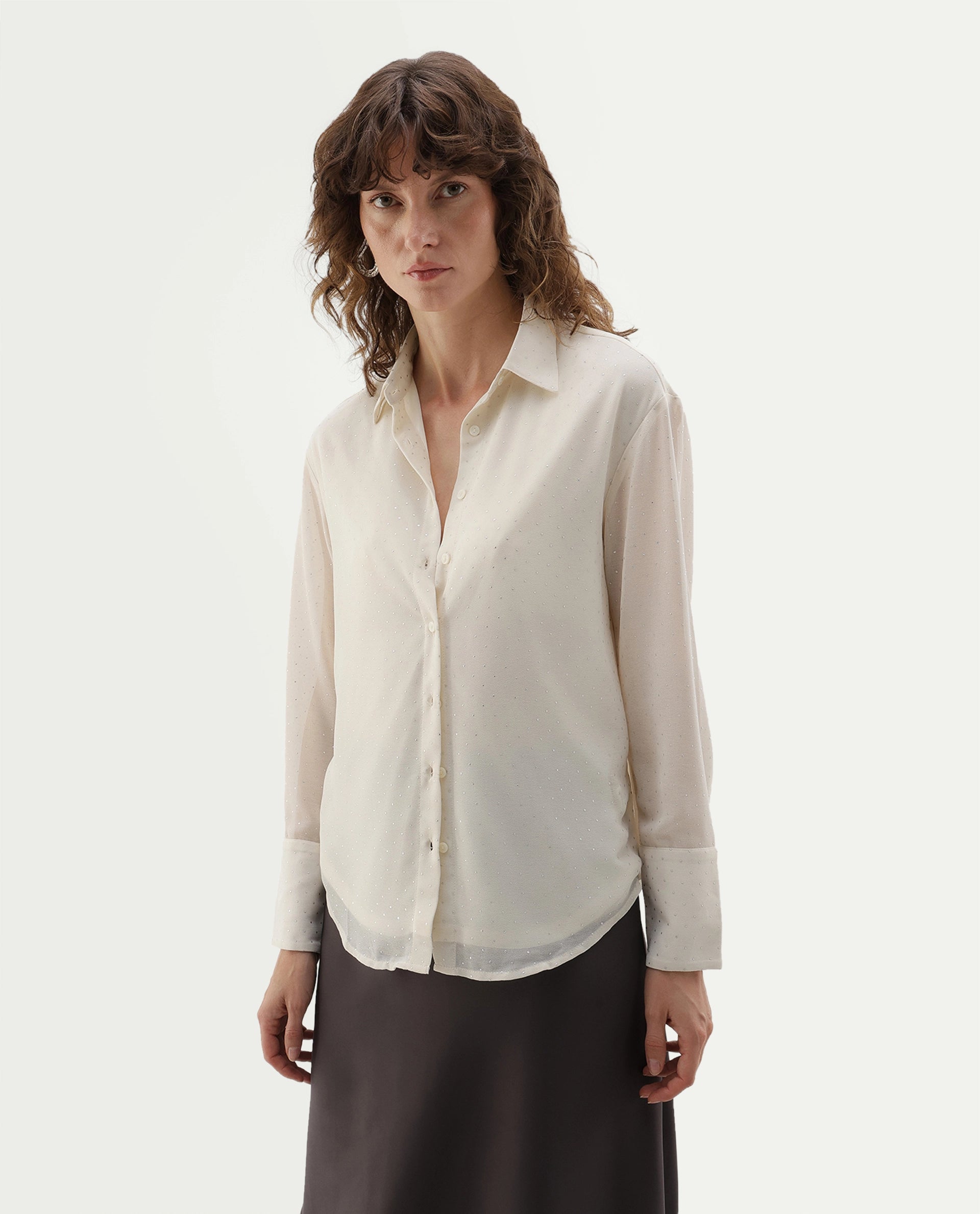 Rareism Women's Crotia Primary Beige Polyester Spread Collar Regular Plain Shirt