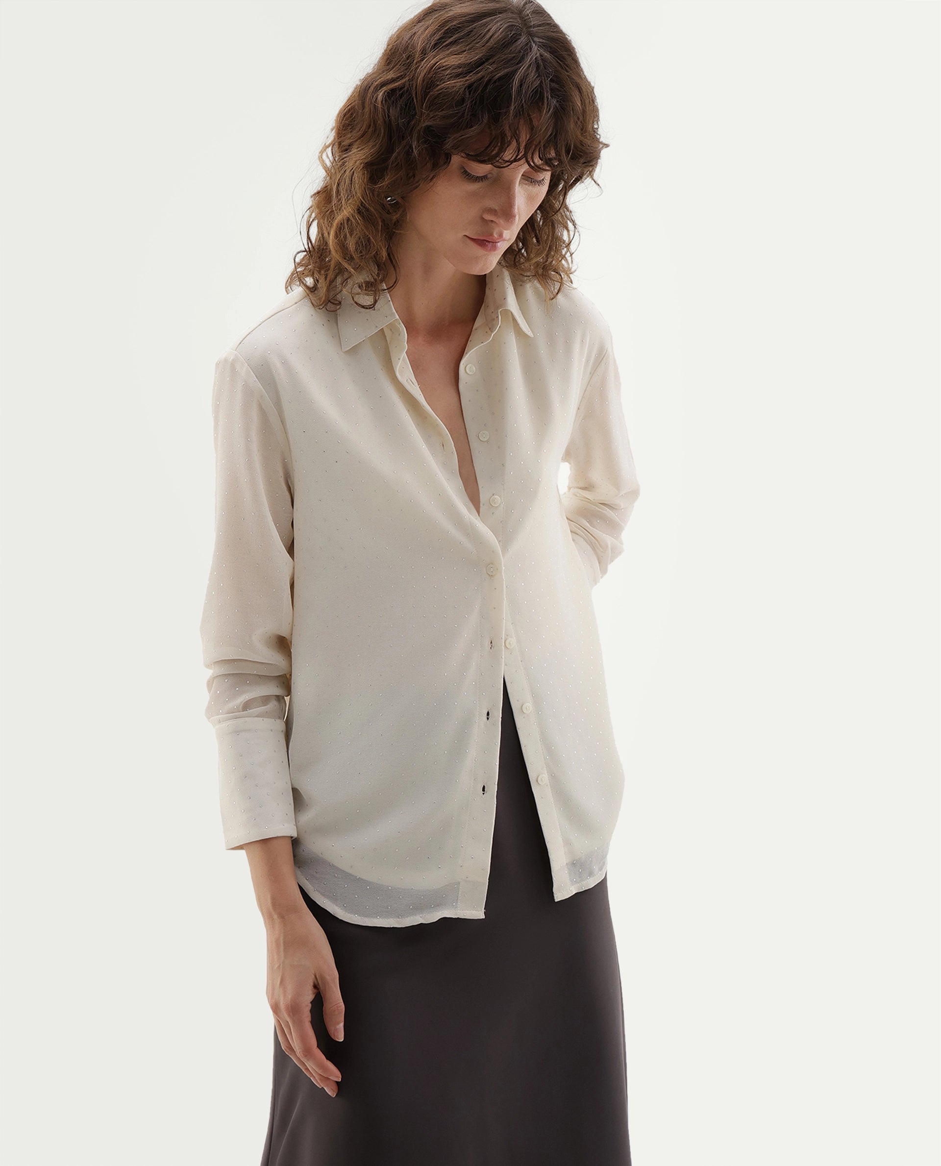 Rareism Women's Crotia Primary Beige Polyester Spread Collar Regular Plain Shirt