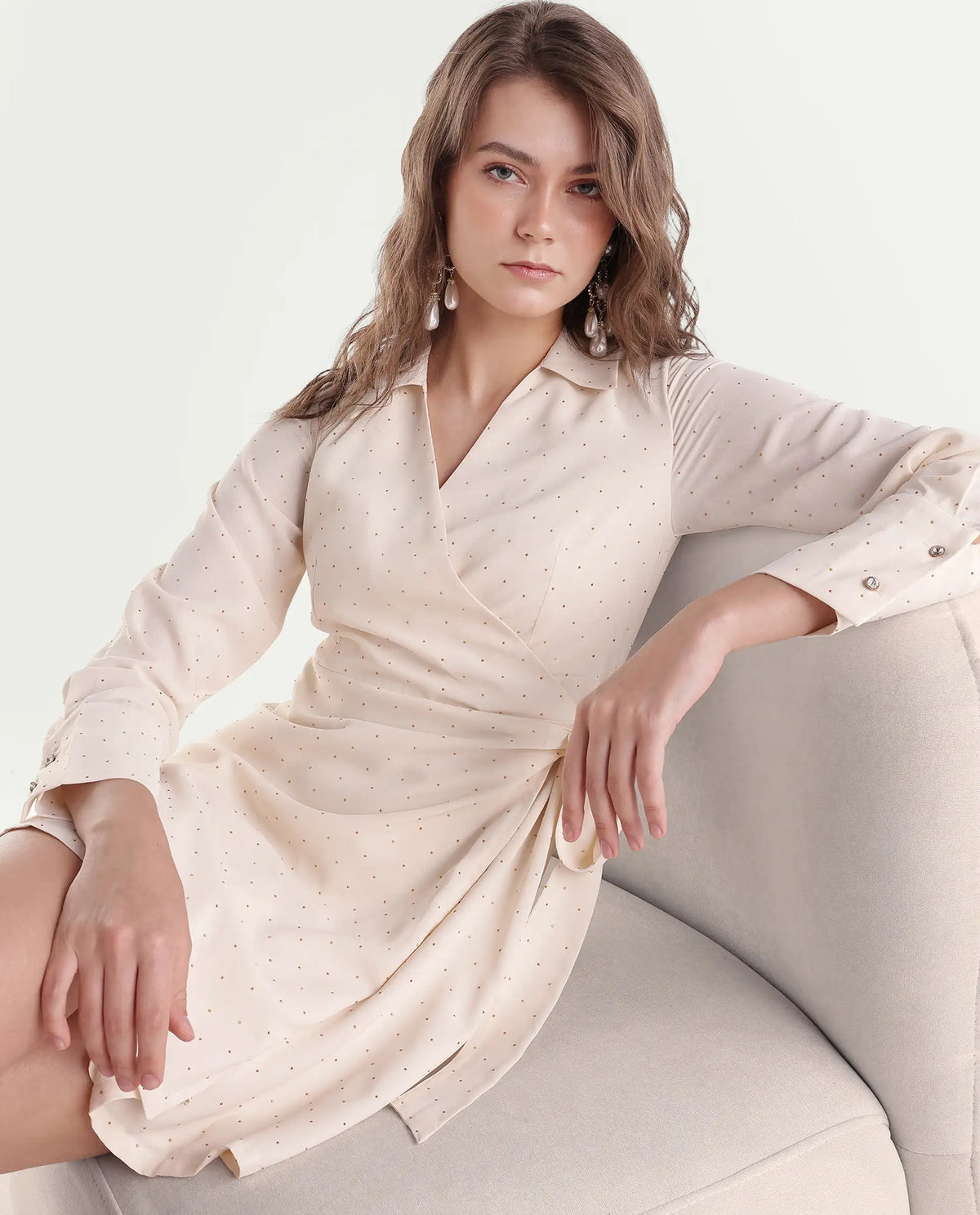 Rareism Women's Talina Primary Beige Polyester Over Lap Wrap Plain Dress