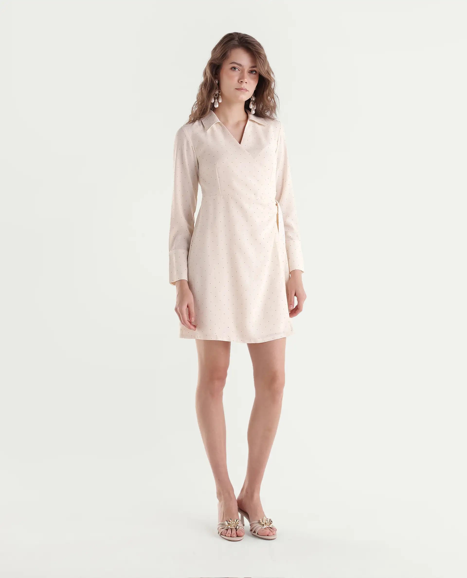 Rareism Women's Talina Primary Beige Polyester Over Lap Wrap Plain Dress