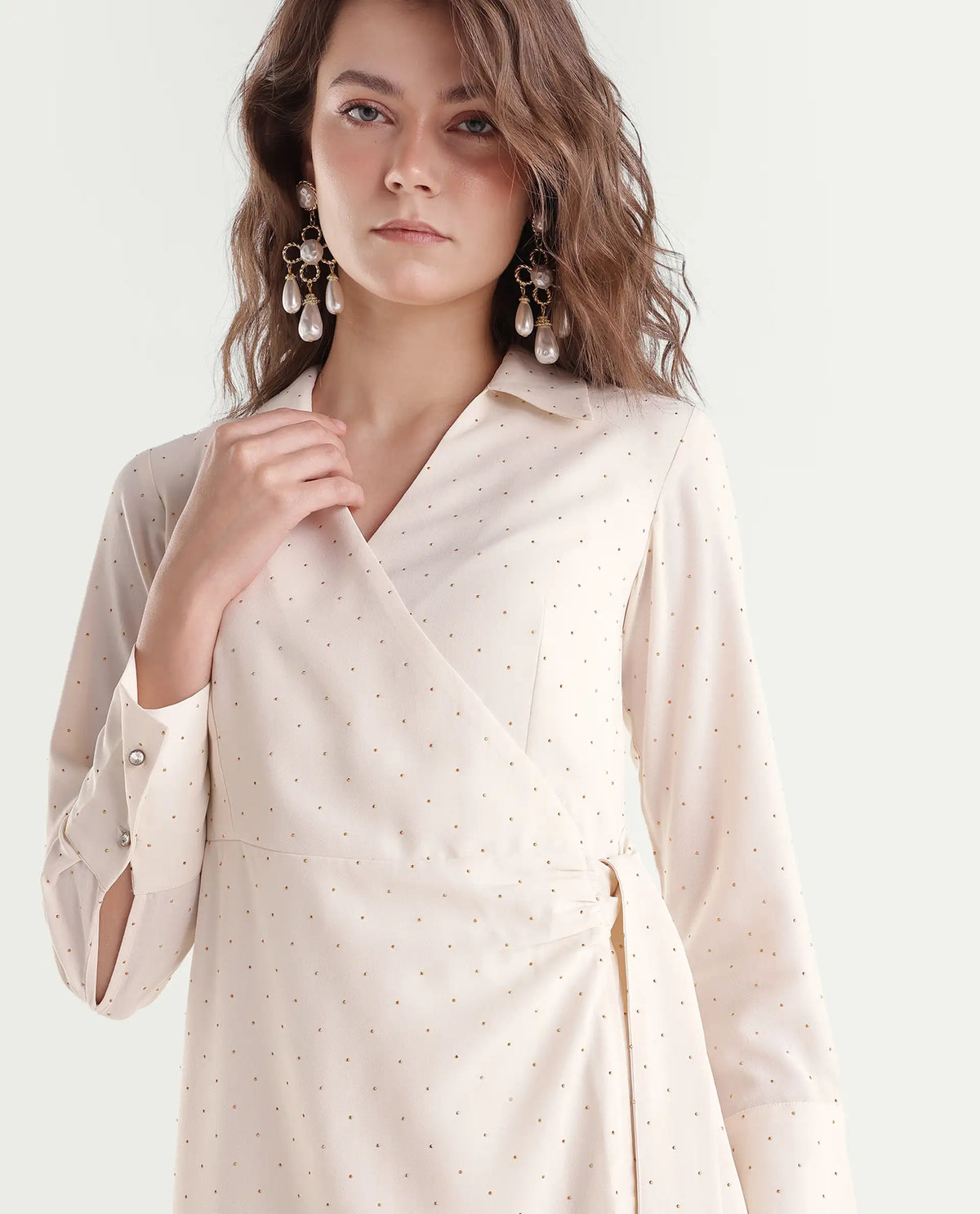 Rareism Women's Talina Primary Beige Polyester Over Lap Wrap Plain Dress