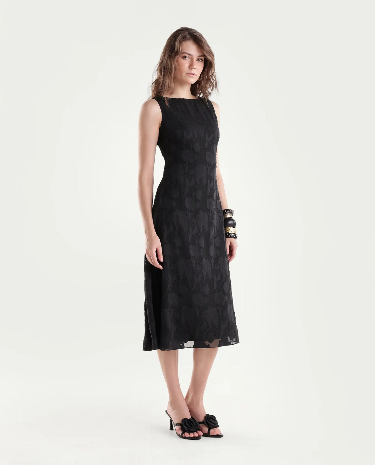 Rareism Women's Pam Primary Black Polyester Boat Neck Fit And Flare Plain Dress
