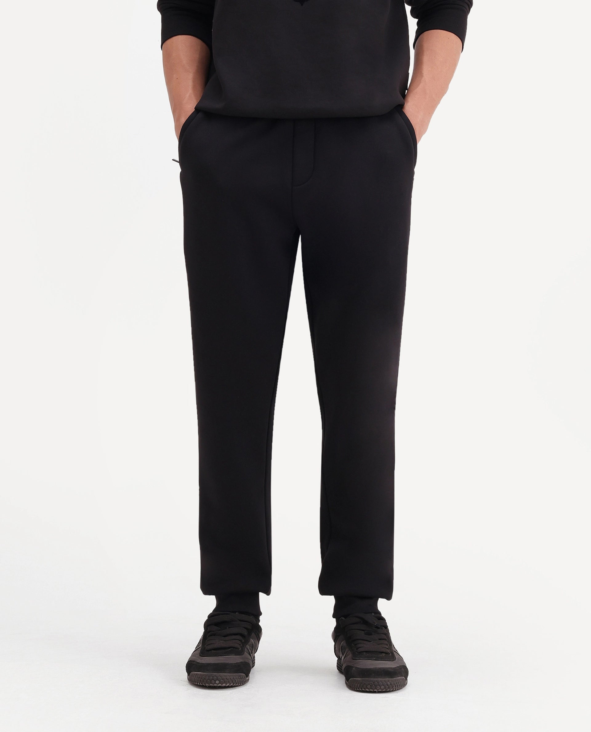 Rare Rabbit Men's Anderson-T-A26 Black Cotton Blend Regular Plain Track Pant