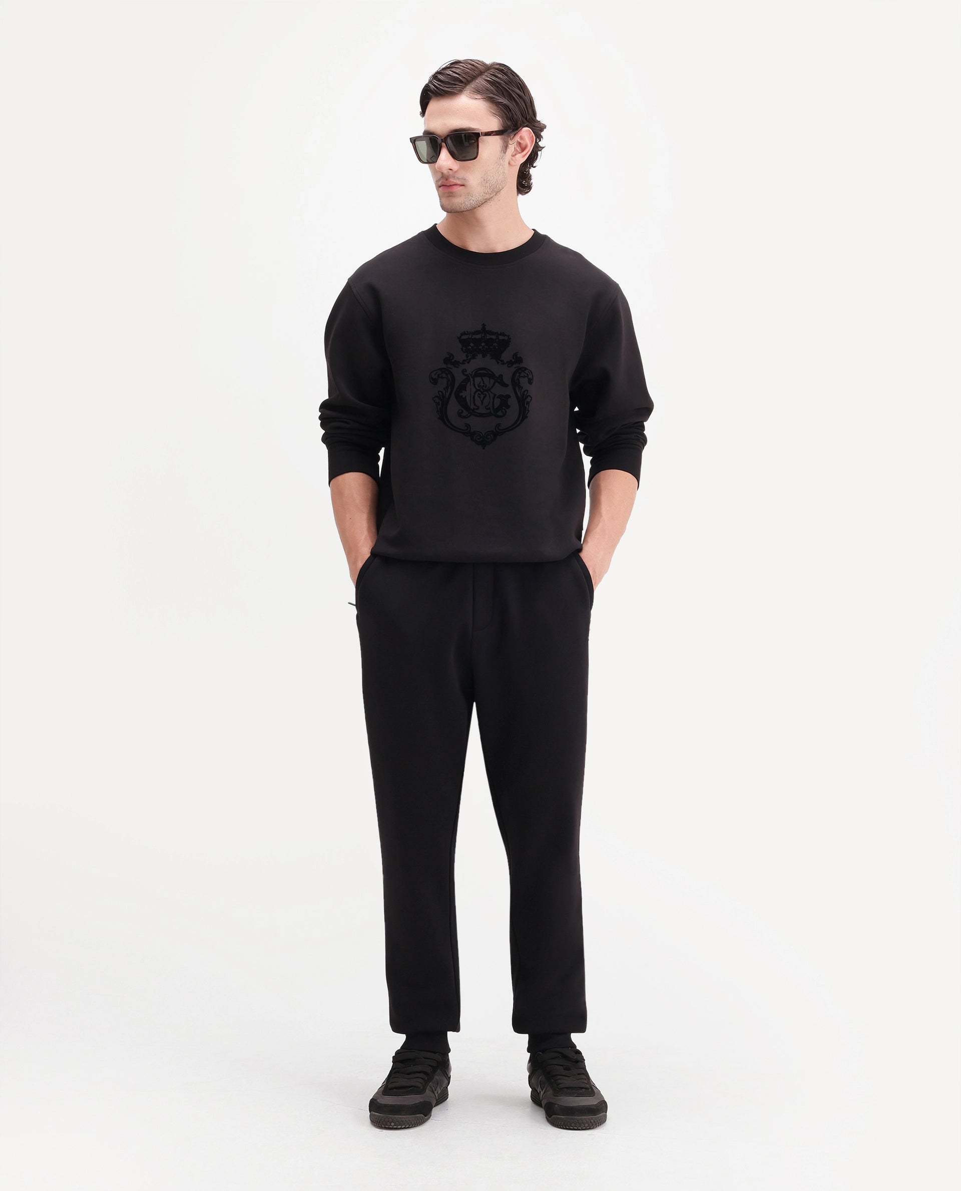 Rare Rabbit Men's Anderson-T-A26 Black Cotton Blend Regular Plain Track Pant