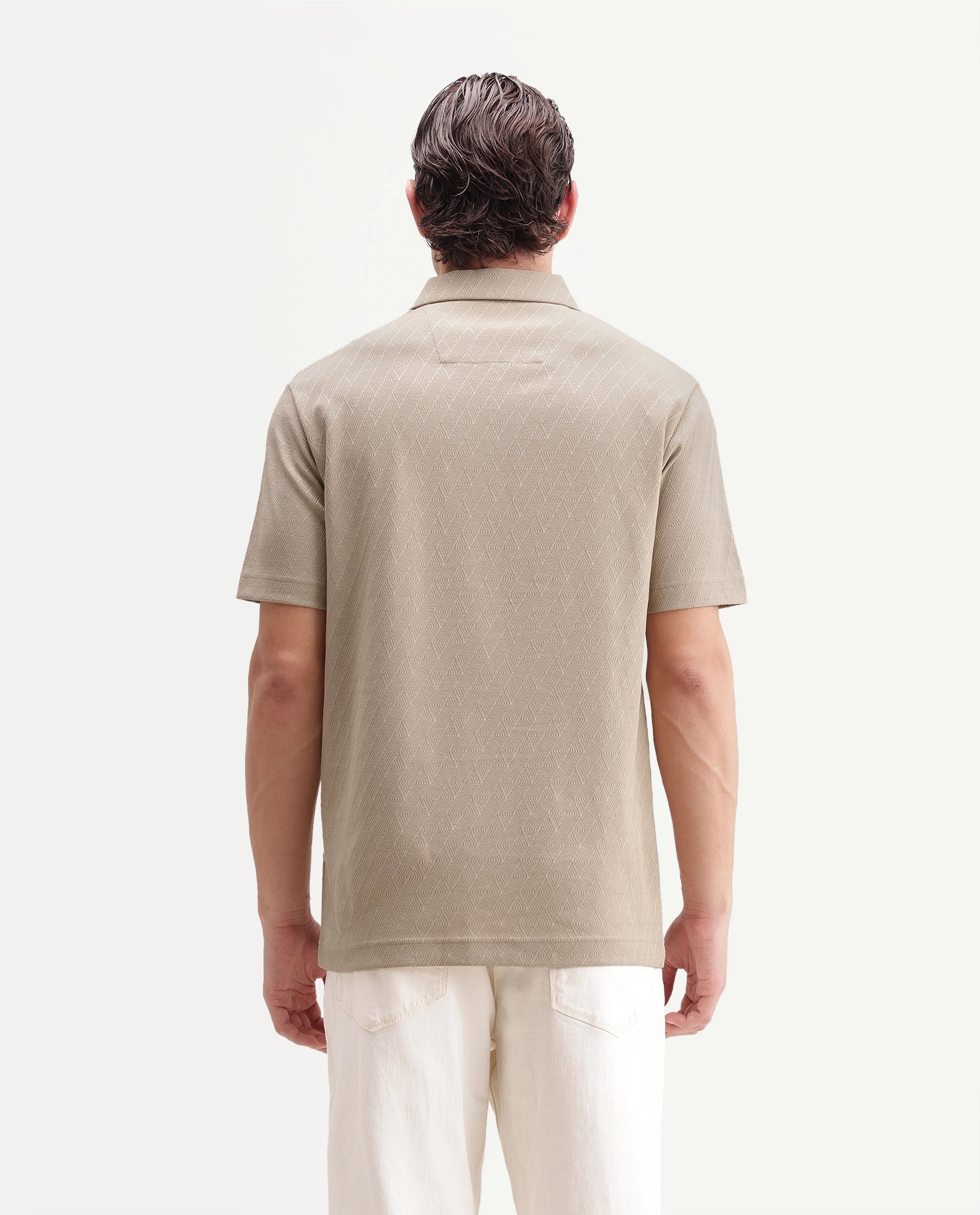 Rare Rabbit Men's Nori Primary Beige Cotton Spread Collar Regular Jacquard Polo