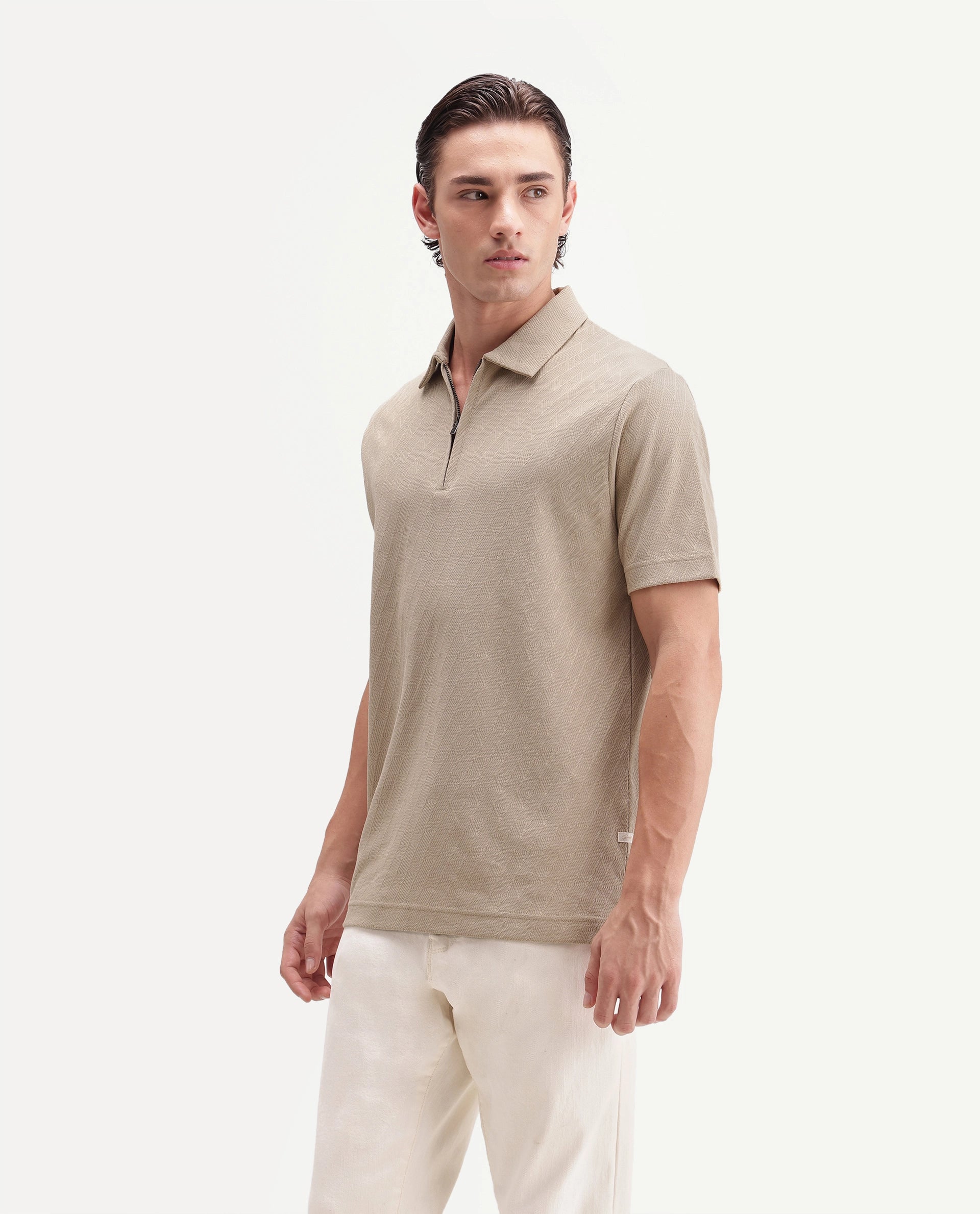 Rare Rabbit Men's Nori Primary Beige Cotton Spread Collar Regular Jacquard Polo