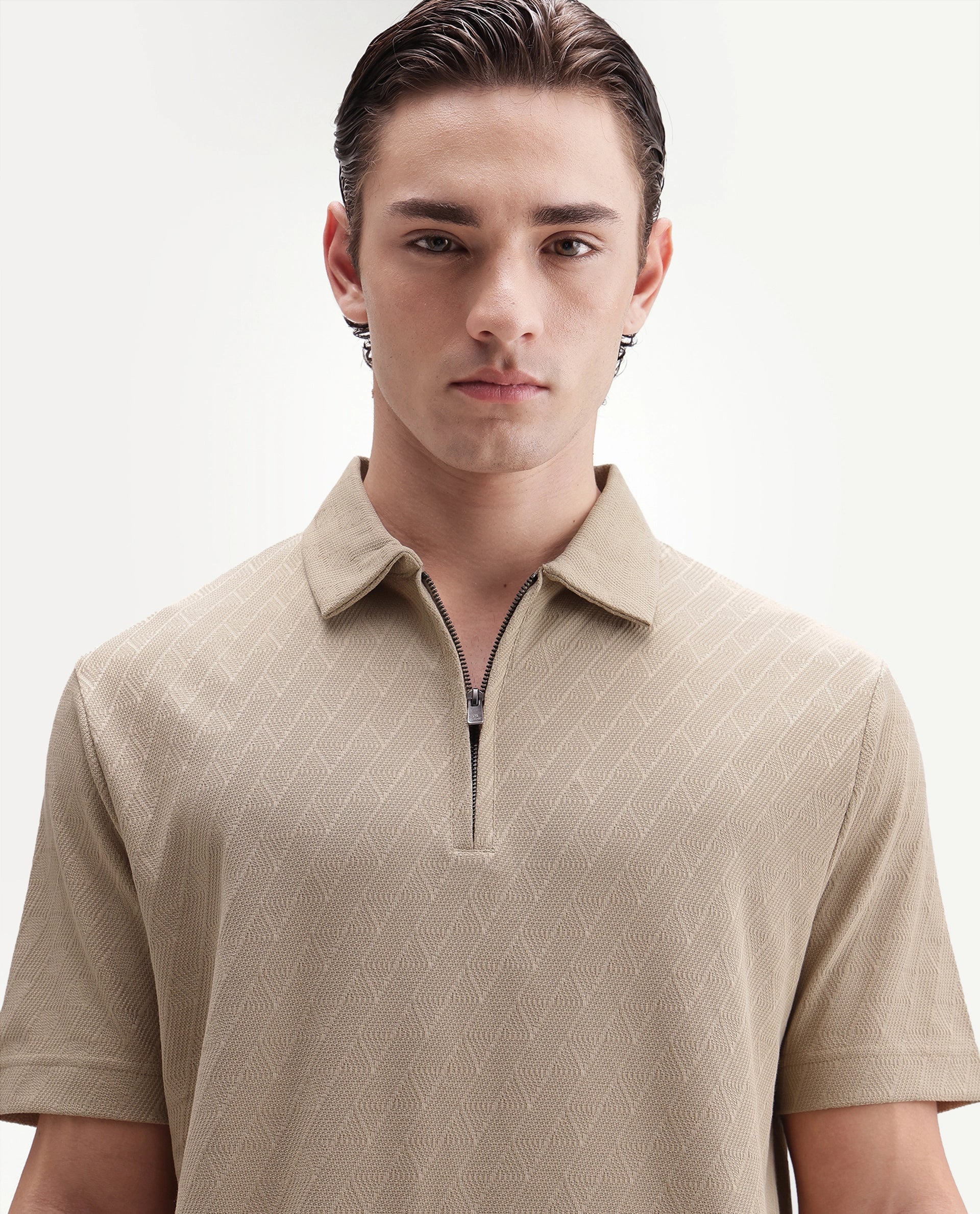 Rare Rabbit Men's Nori Primary Beige Cotton Spread Collar Regular Jacquard Polo