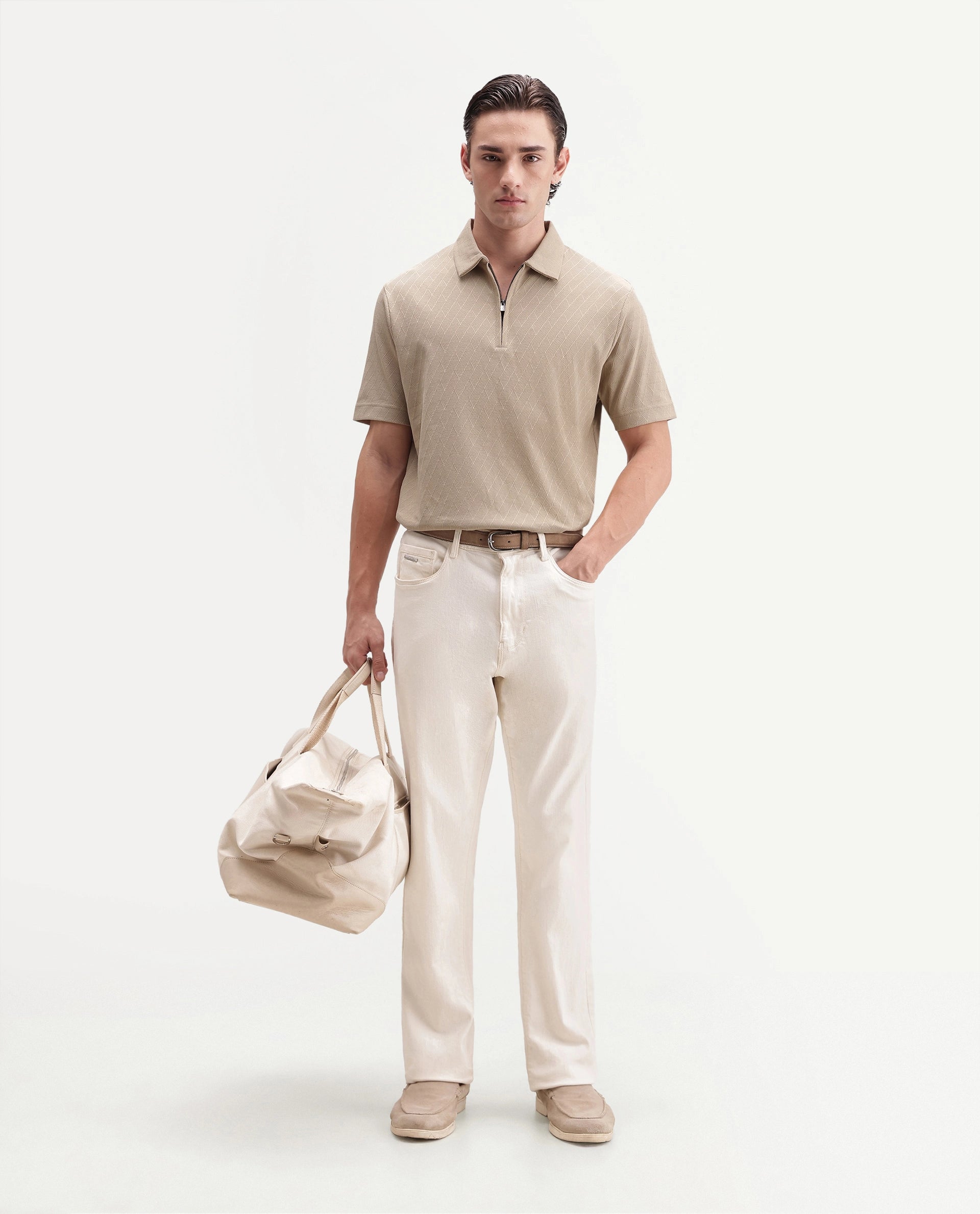Rare Rabbit Men's Nori Primary Beige Cotton Spread Collar Regular Jacquard Polo