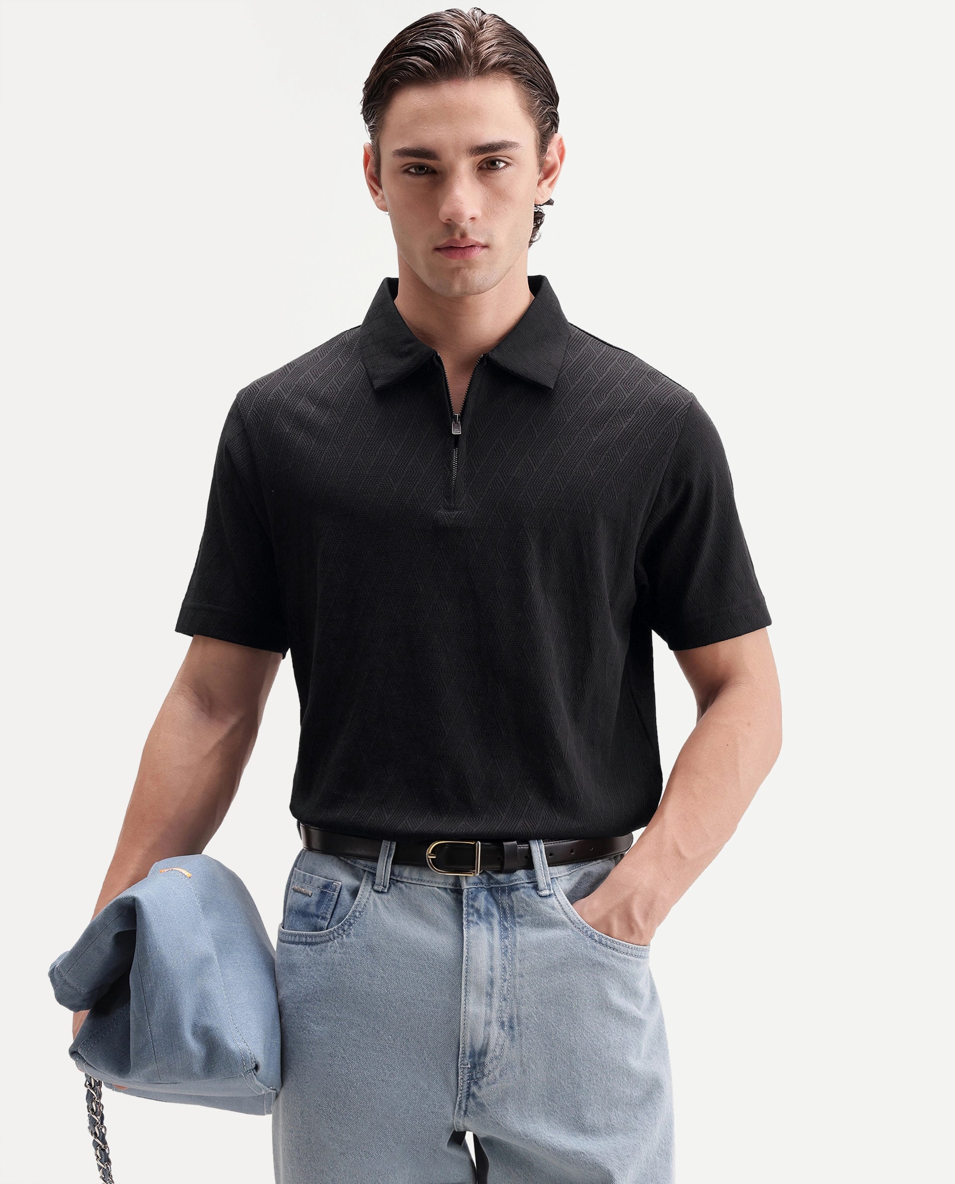 Rare Rabbit Men's Nori Primary Black Cotton Spread Collar Regular Jacquard Polo
