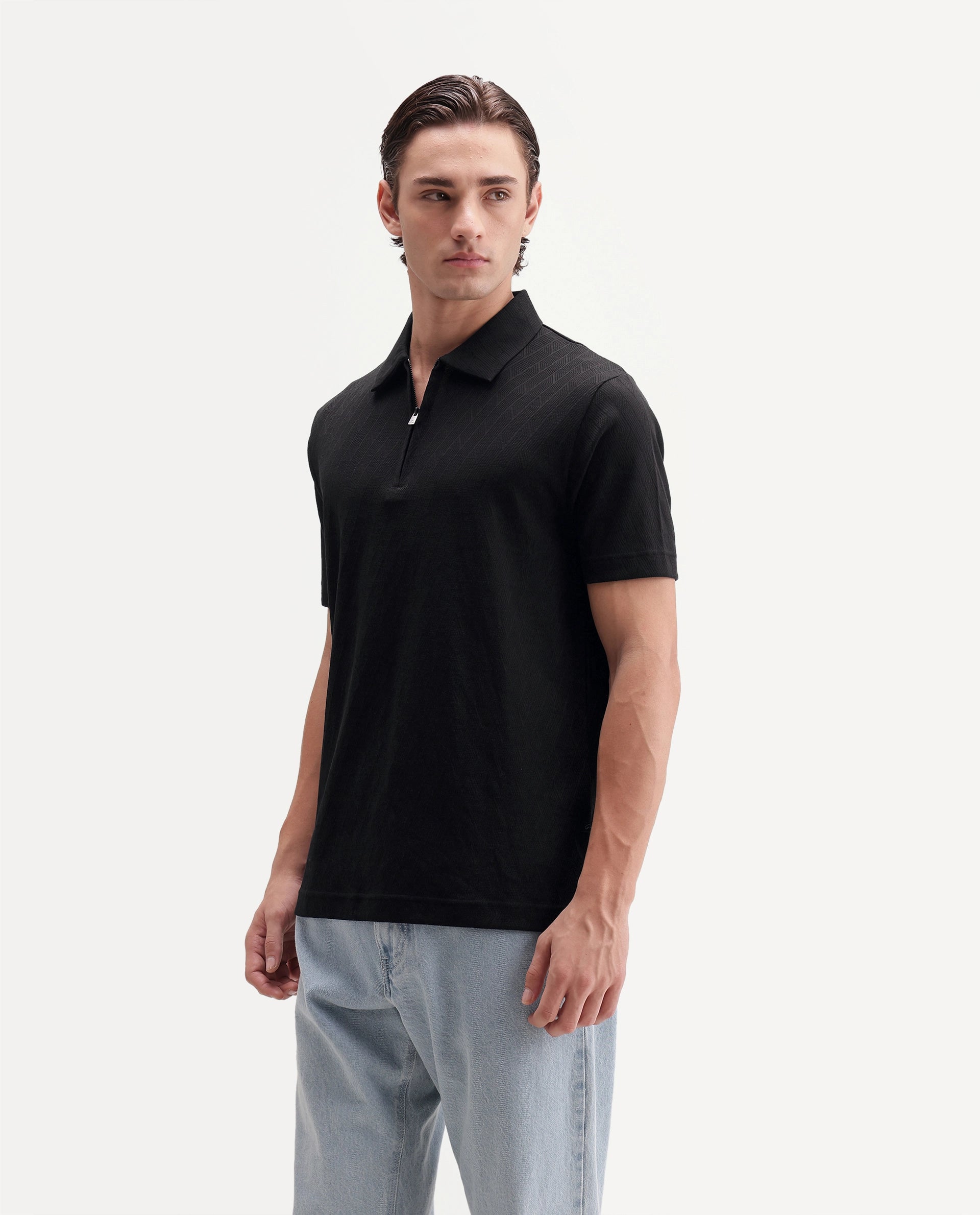 Rare Rabbit Men's Nori Primary Black Cotton Spread Collar Regular Jacquard Polo