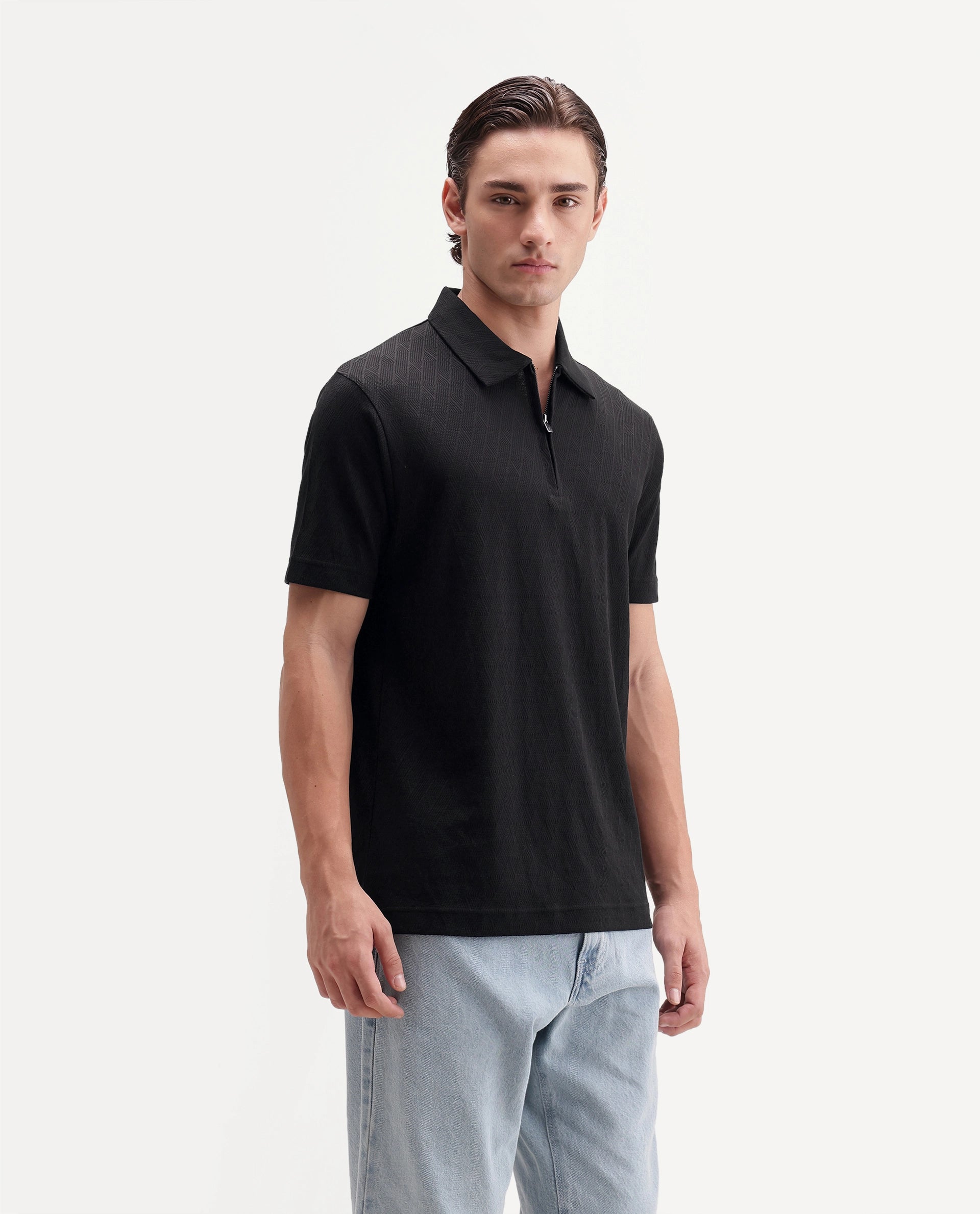 Rare Rabbit Men's Nori Primary Black Cotton Spread Collar Regular Jacquard Polo