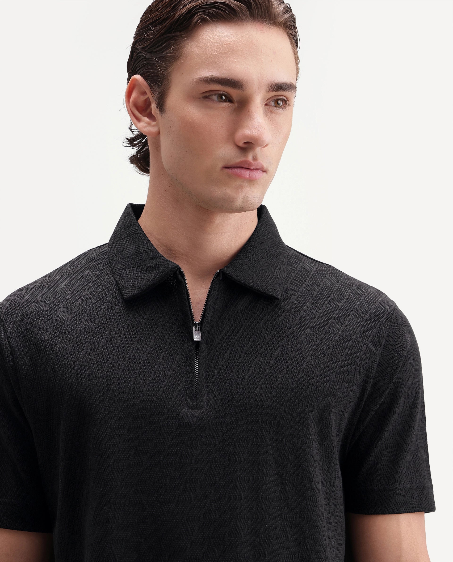 Rare Rabbit Men's Nori Primary Black Cotton Spread Collar Regular Jacquard Polo