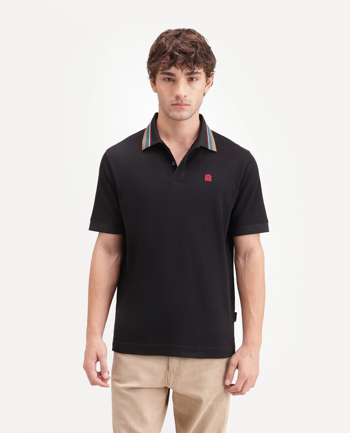 Rare Rabbit Men's Andre Black Cotton Spread Collar Regular Badge Applique Polo