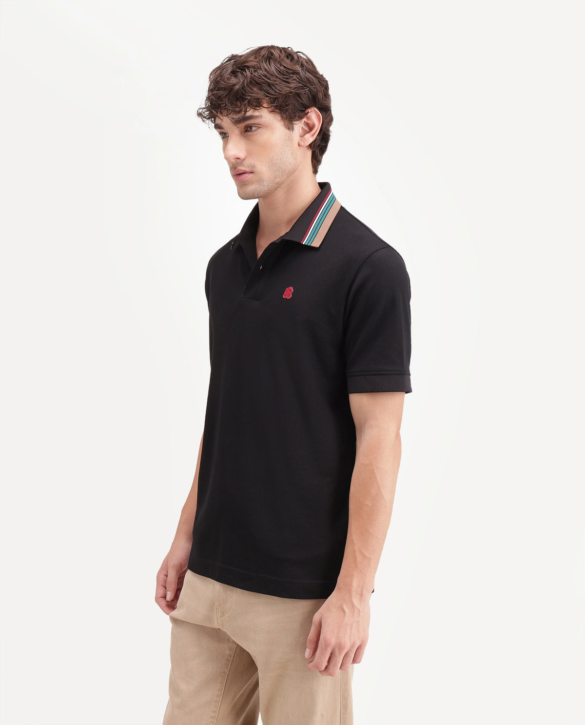 Rare Rabbit Men's Andre Black Cotton Spread Collar Regular Badge Applique Polo