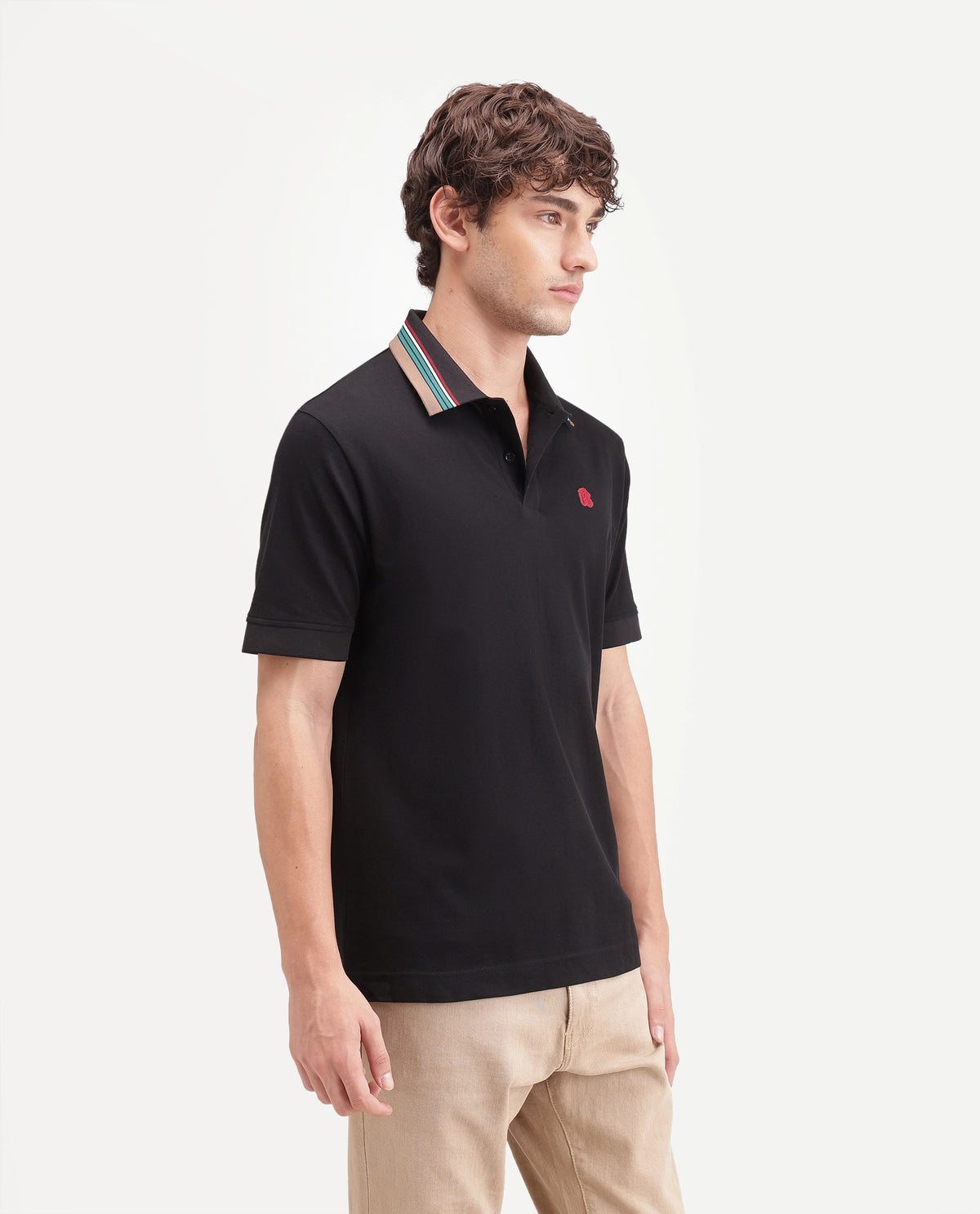 Rare Rabbit Men's Andre Black Cotton Spread Collar Regular Badge Applique Polo