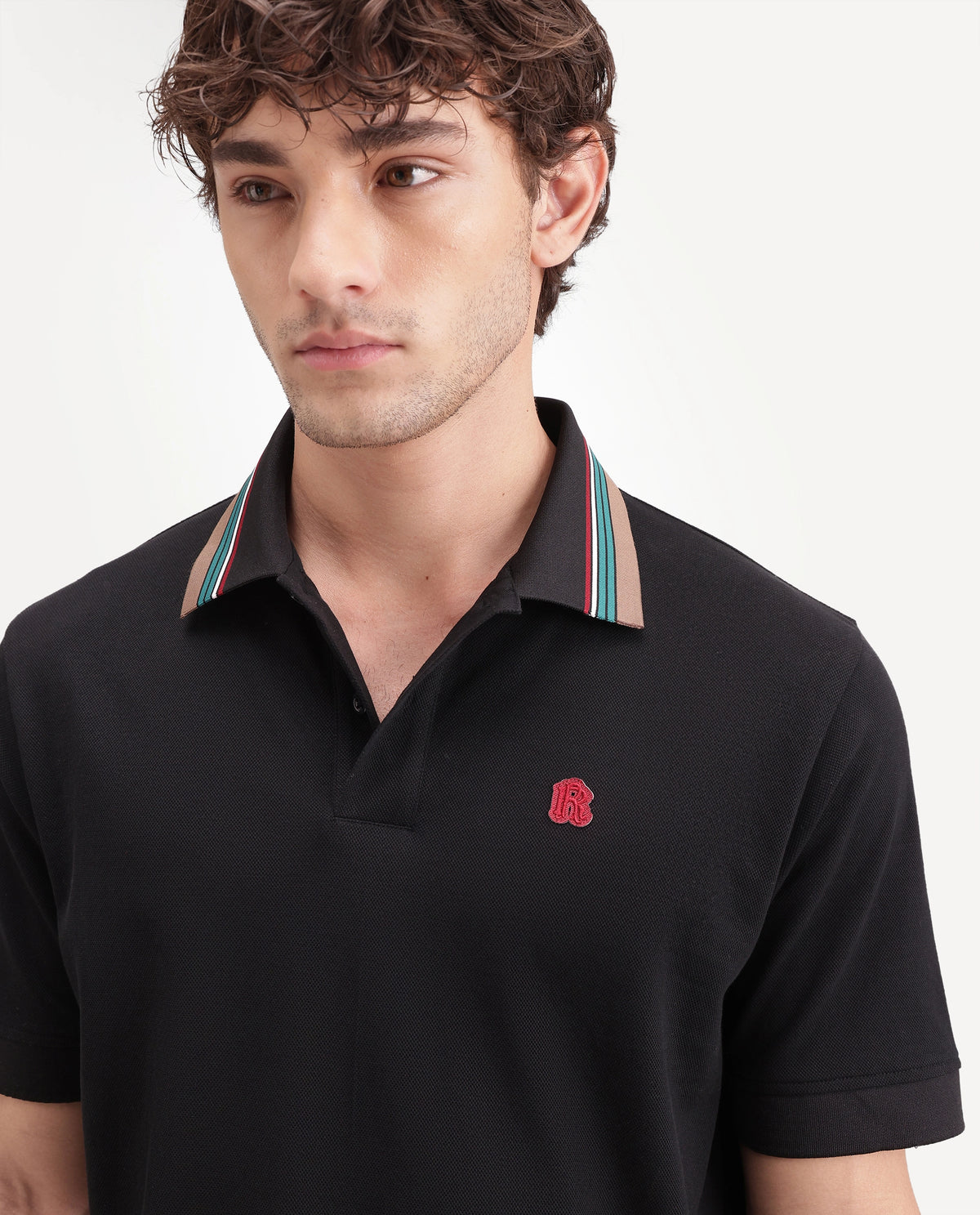 Rare Rabbit Men's Andre Black Cotton Spread Collar Regular Badge Applique Polo