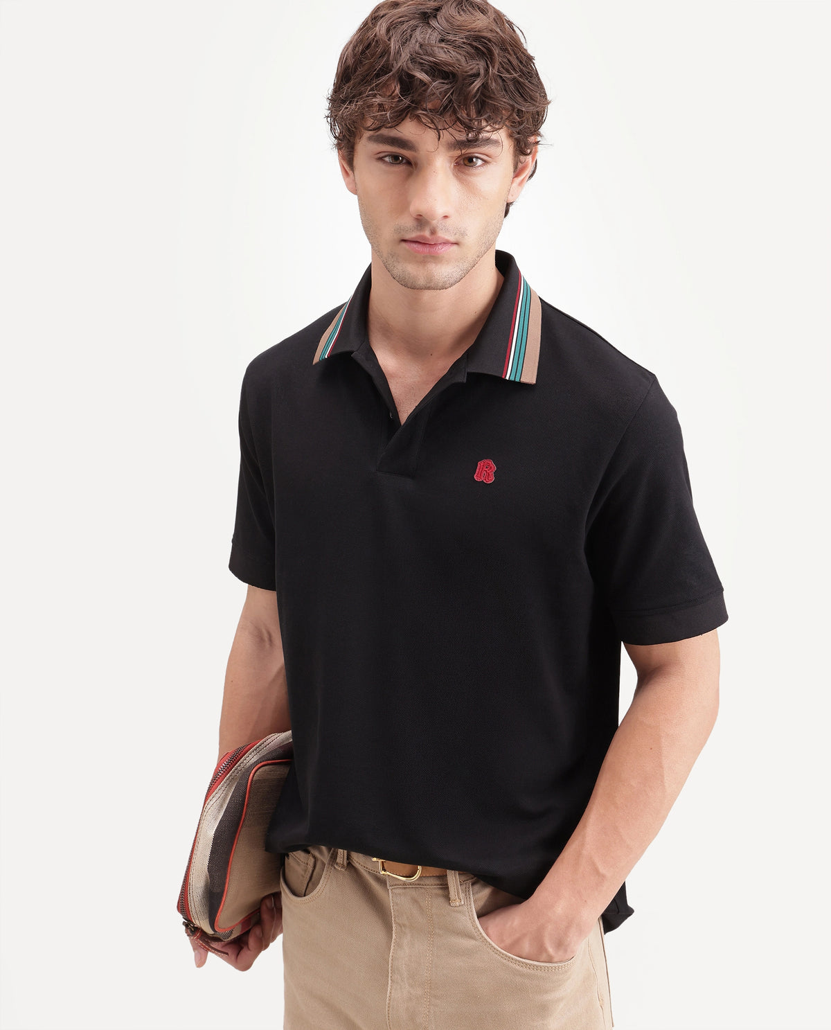 Rare Rabbit Men's Andre Black Cotton Spread Collar Regular Badge Applique Polo