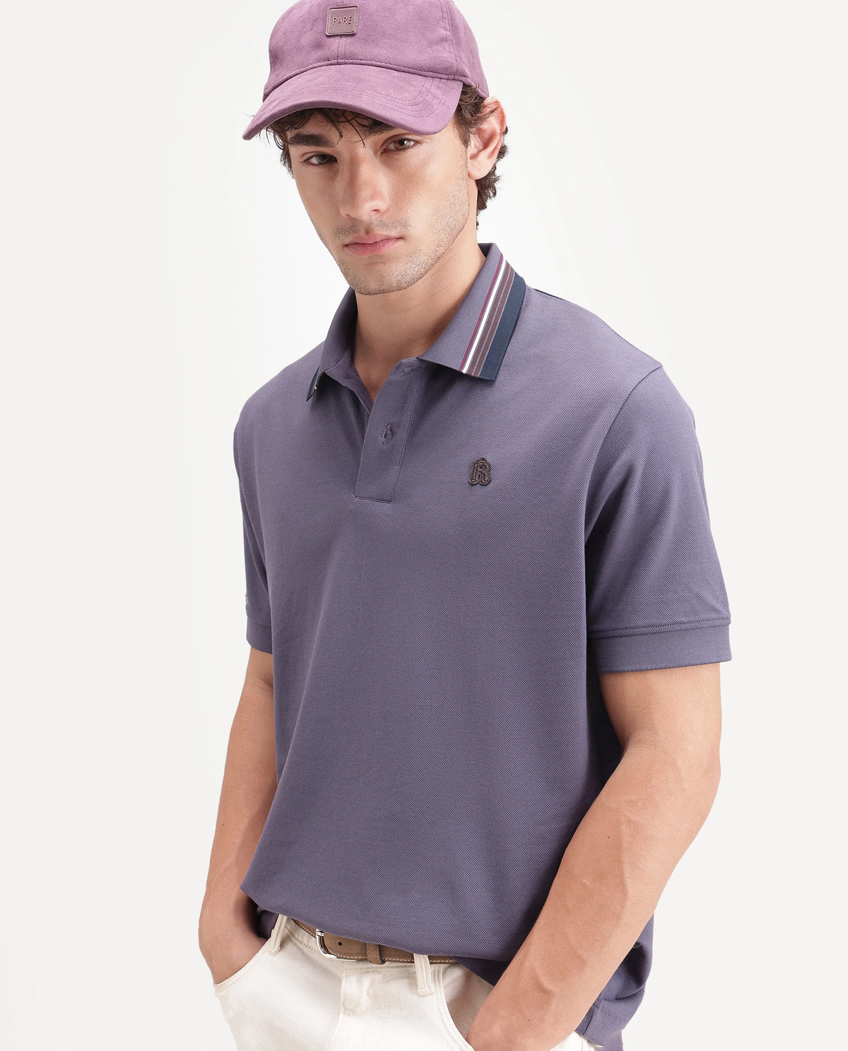 Rare Rabbit Men's Andre Dark Purple Cotton Spread Collar Regular Badge Applique Polo