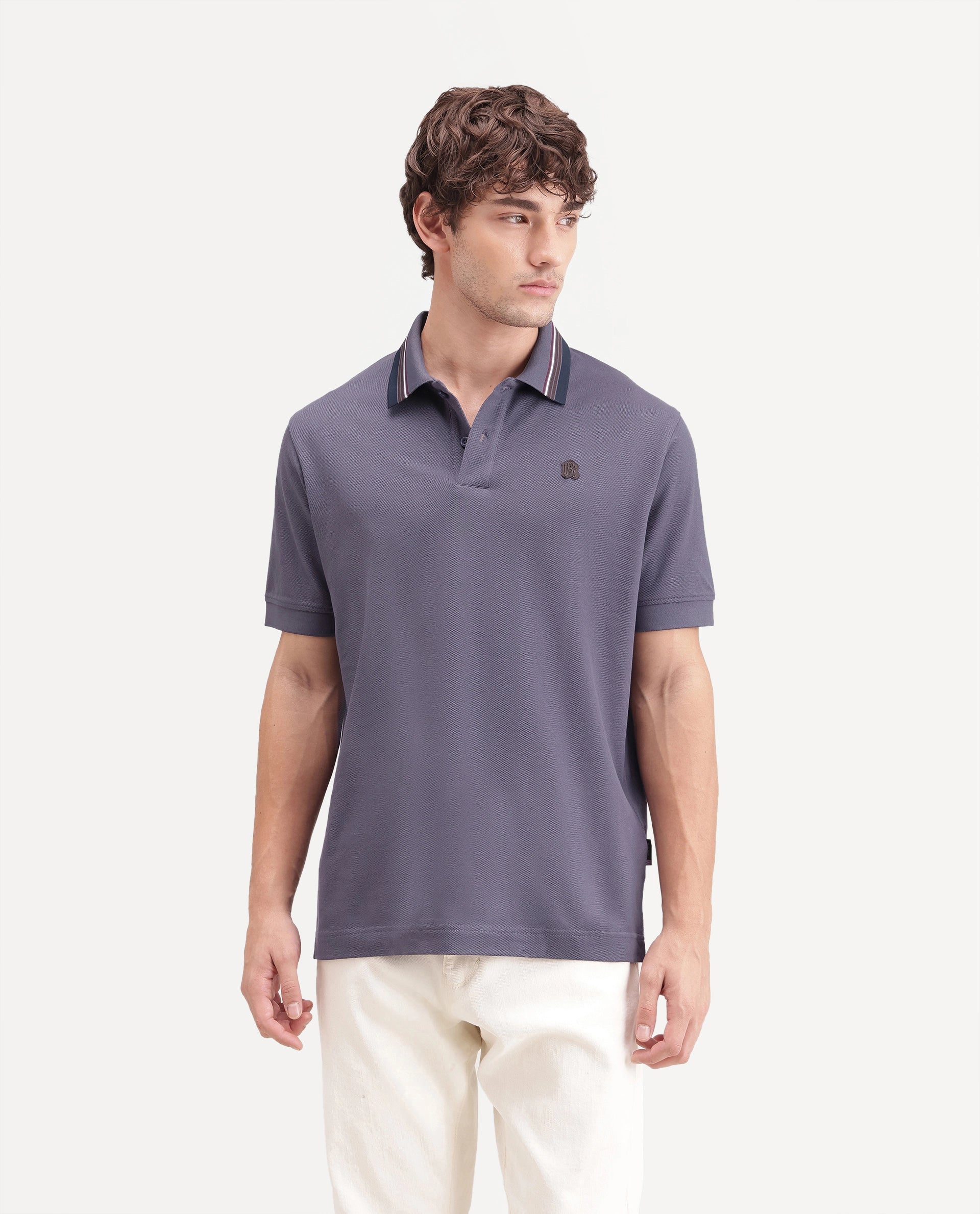Rare Rabbit Men's Andre Dark Purple Cotton Spread Collar Regular Badge Applique Polo