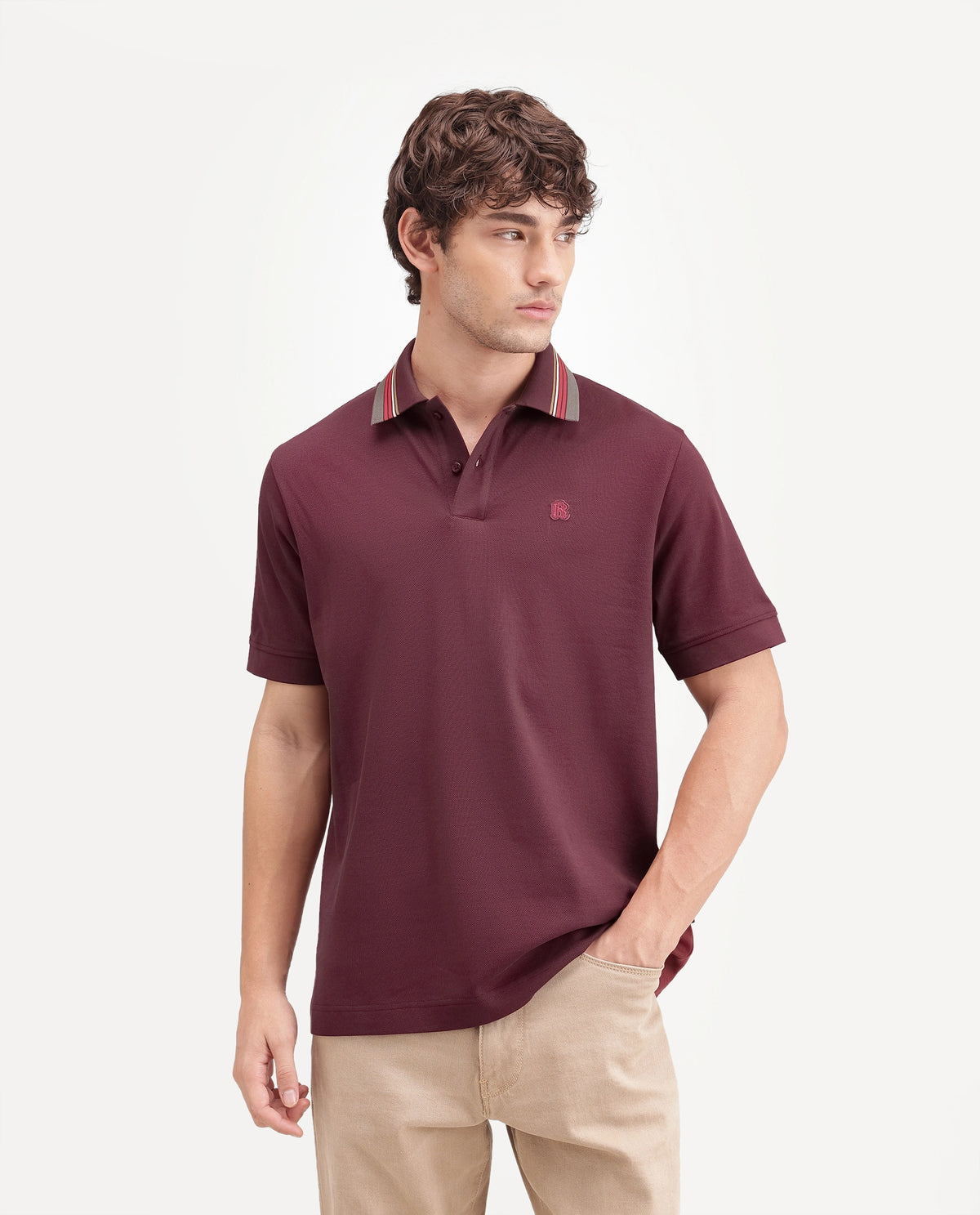 Rare Rabbit Men's Andre Dark Red Cotton Spread Collar Regular Badge Applique Polo