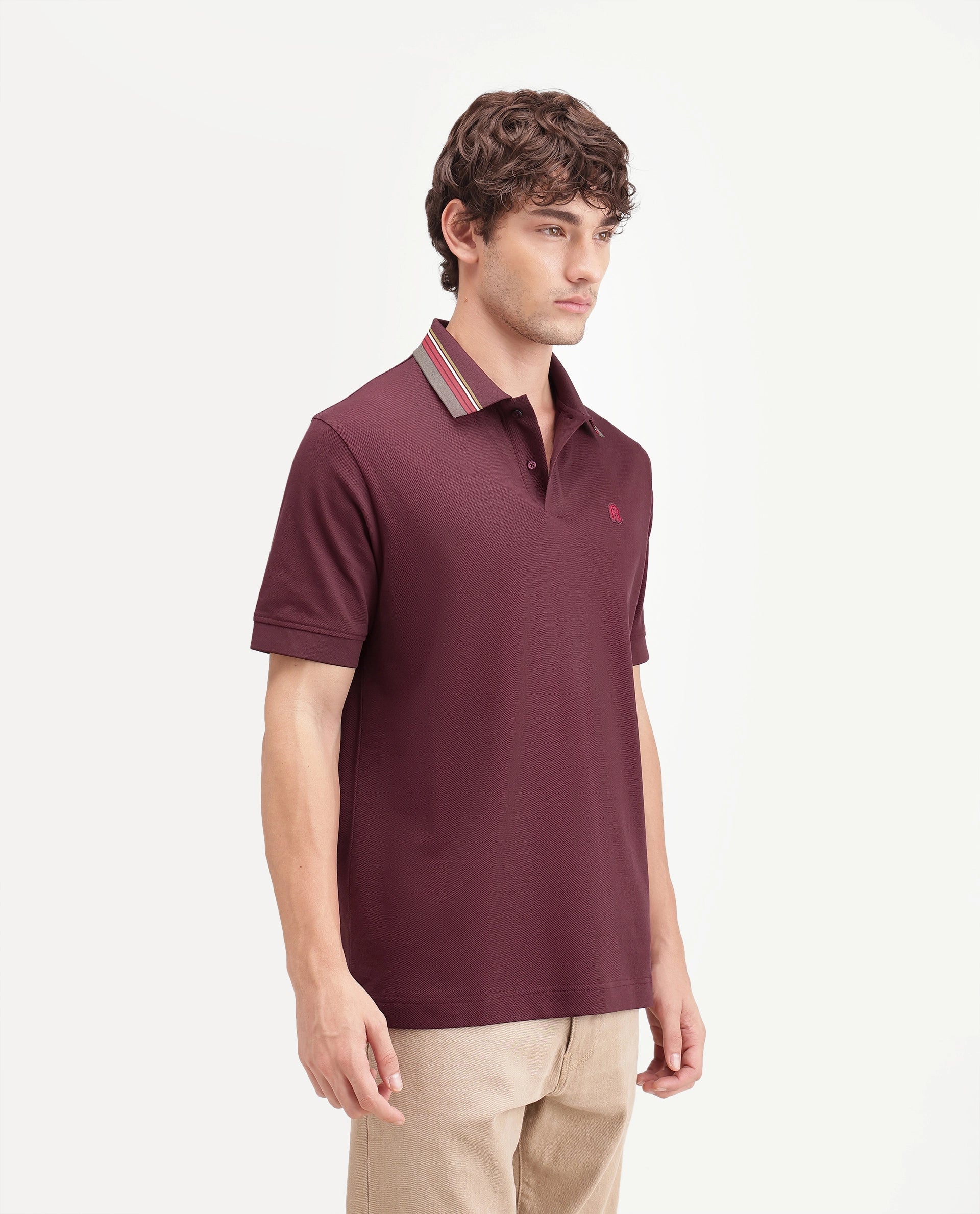 Rare Rabbit Men's Andre Dark Red Cotton Spread Collar Regular Badge Applique Polo