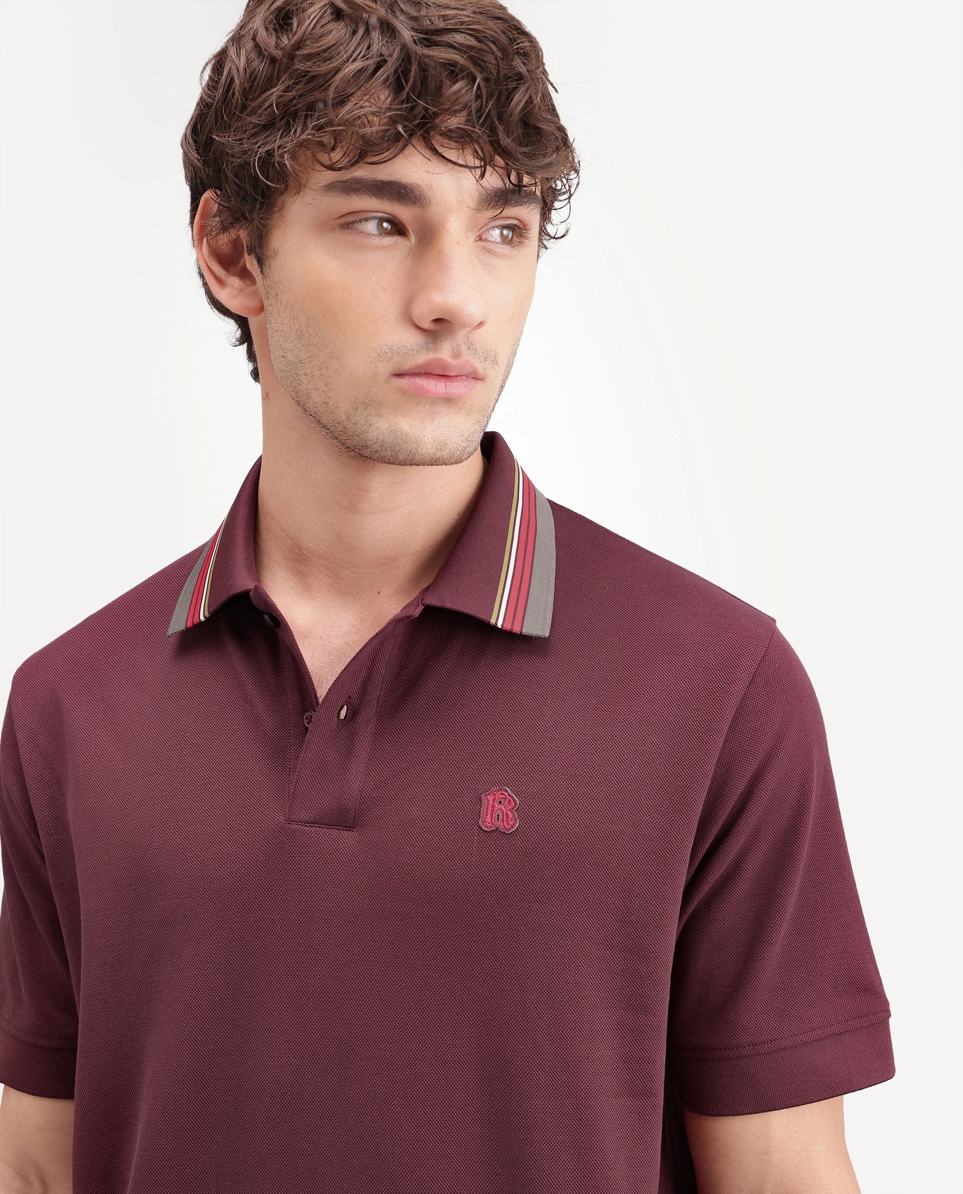 Rare Rabbit Men's Andre Dark Red Cotton Spread Collar Regular Badge Applique Polo