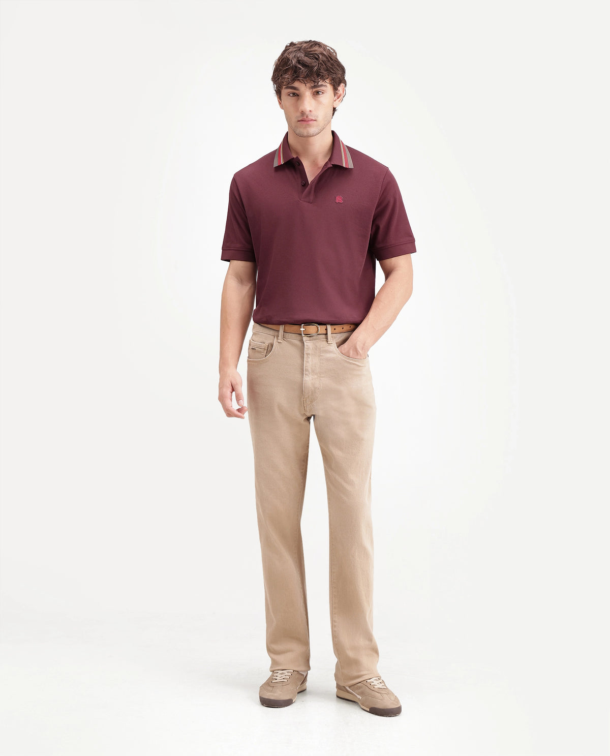 Rare Rabbit Men's Andre Dark Red Cotton Spread Collar Regular Badge Applique Polo