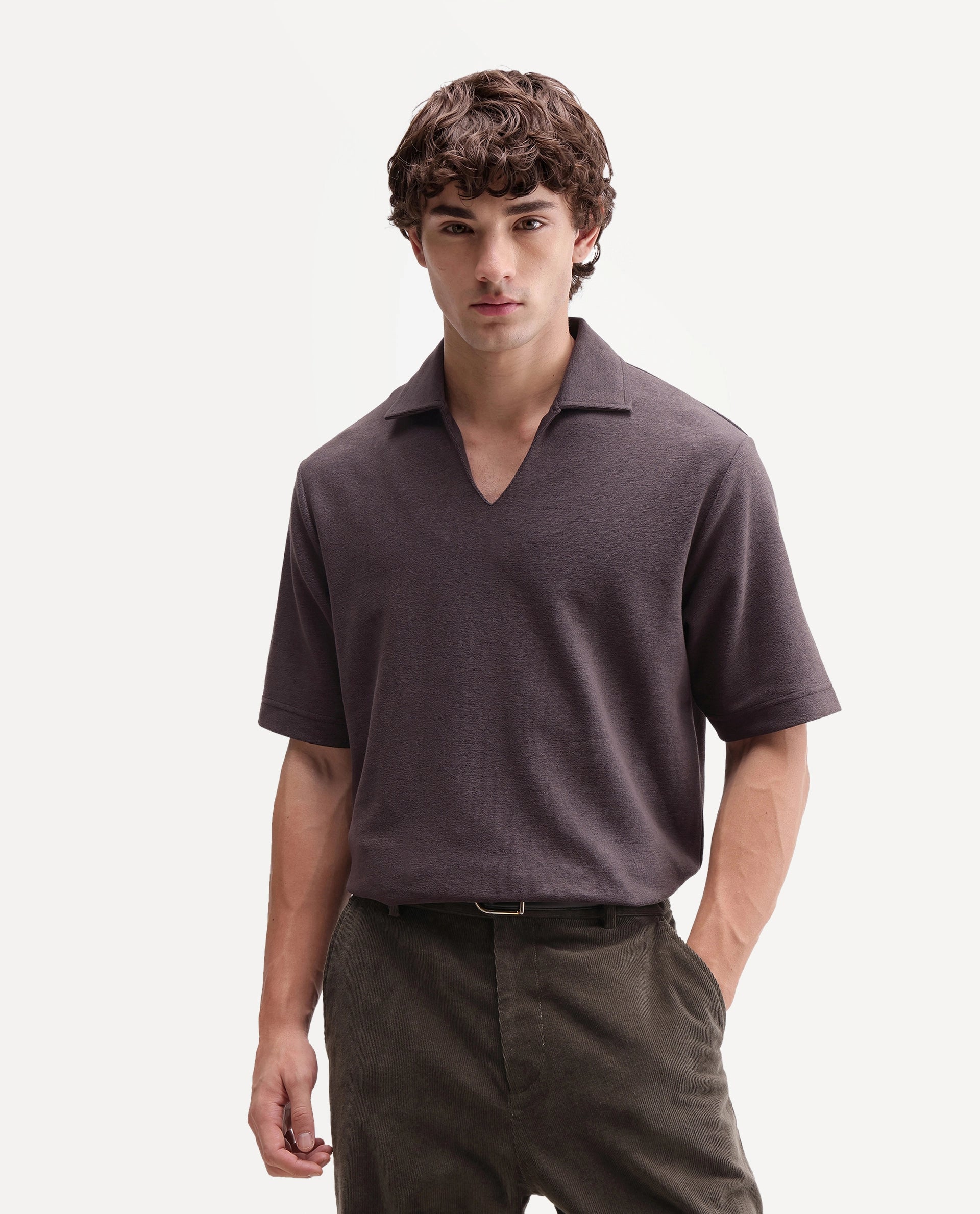 Rare Rabbit Men's Jawal-A26 Dark Grey Cotton Blend Johnny Collar Regular Plain Polo