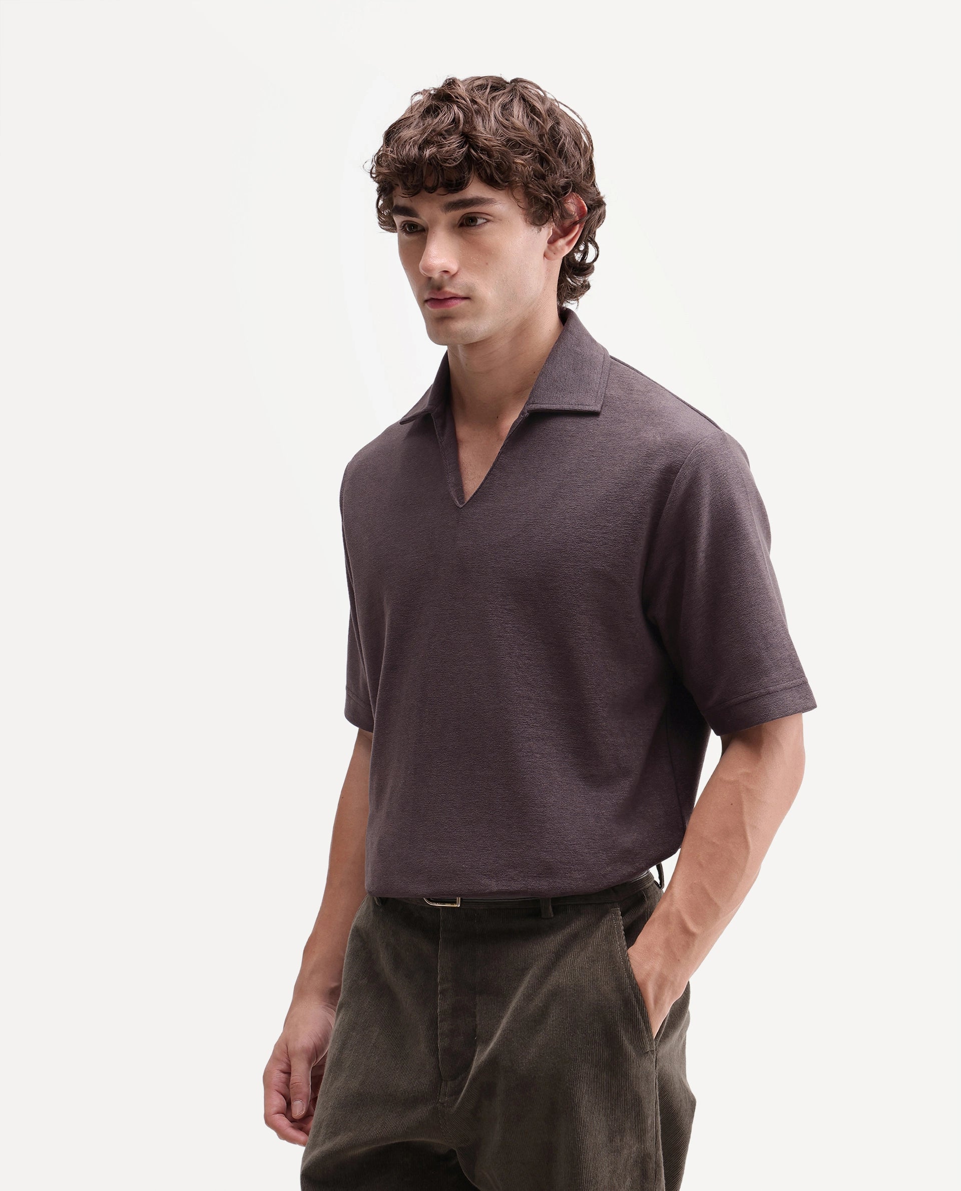 Rare Rabbit Men's Jawal-A26 Dark Grey Cotton Blend Johnny Collar Regular Plain Polo