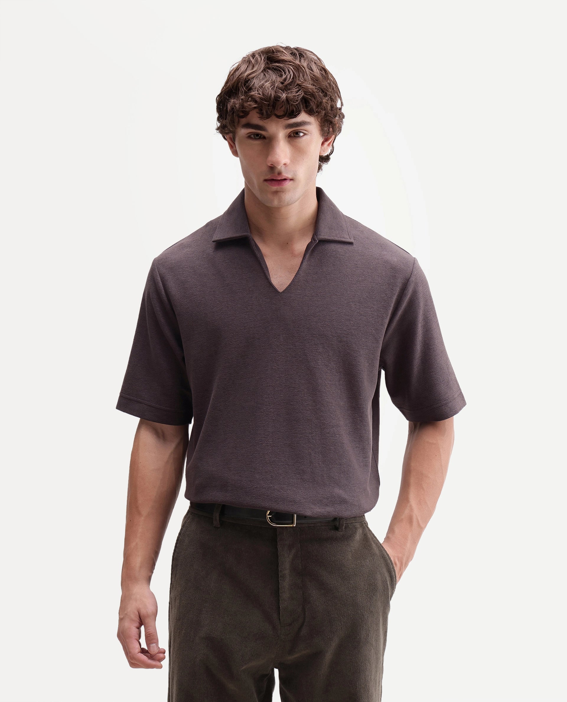 Rare Rabbit Men's Jawal-A26 Dark Grey Cotton Blend Johnny Collar Regular Plain Polo